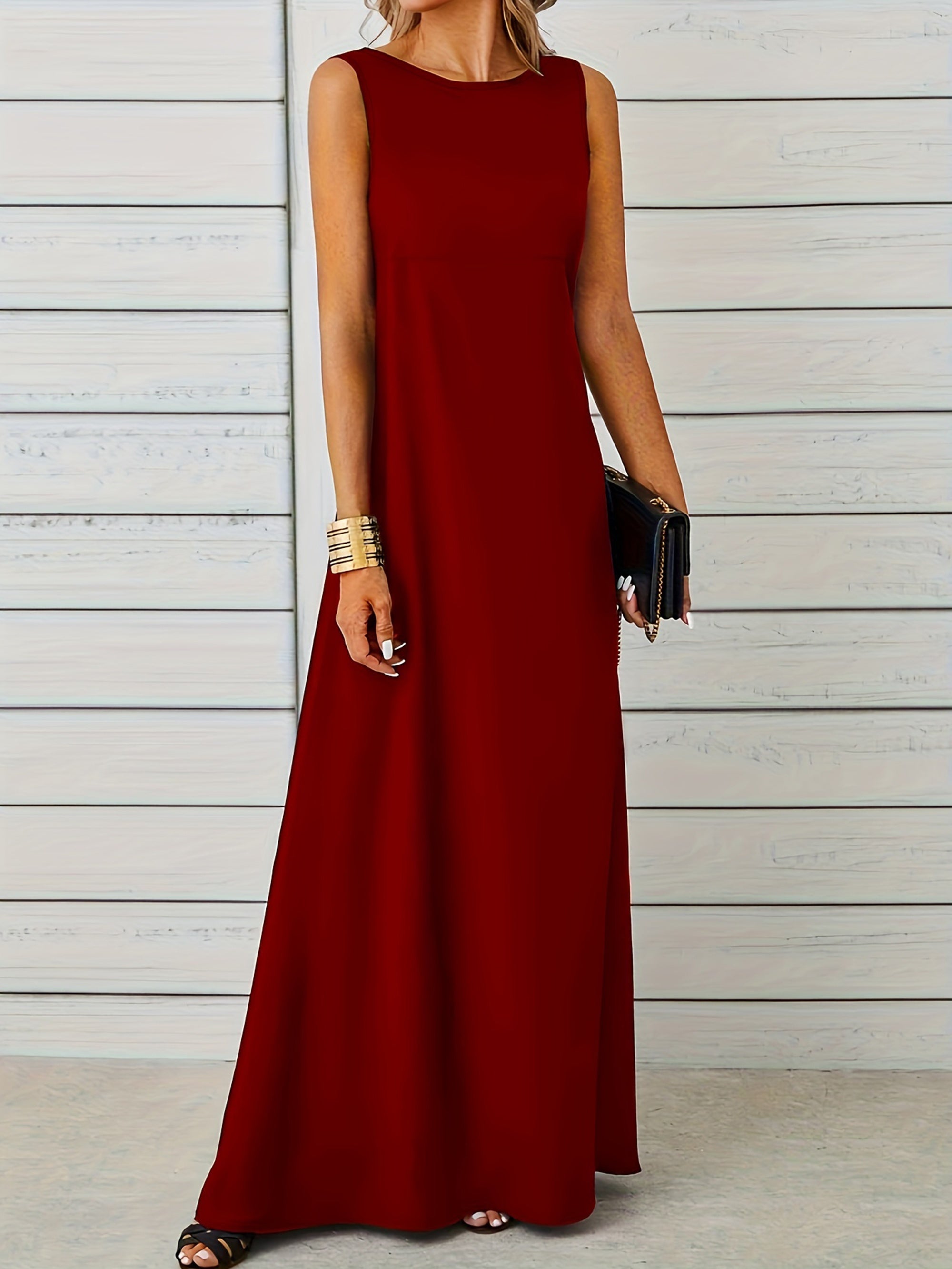 Voocci™ casual maxi tank dress in burgundy with a sleek and elegant silhouette