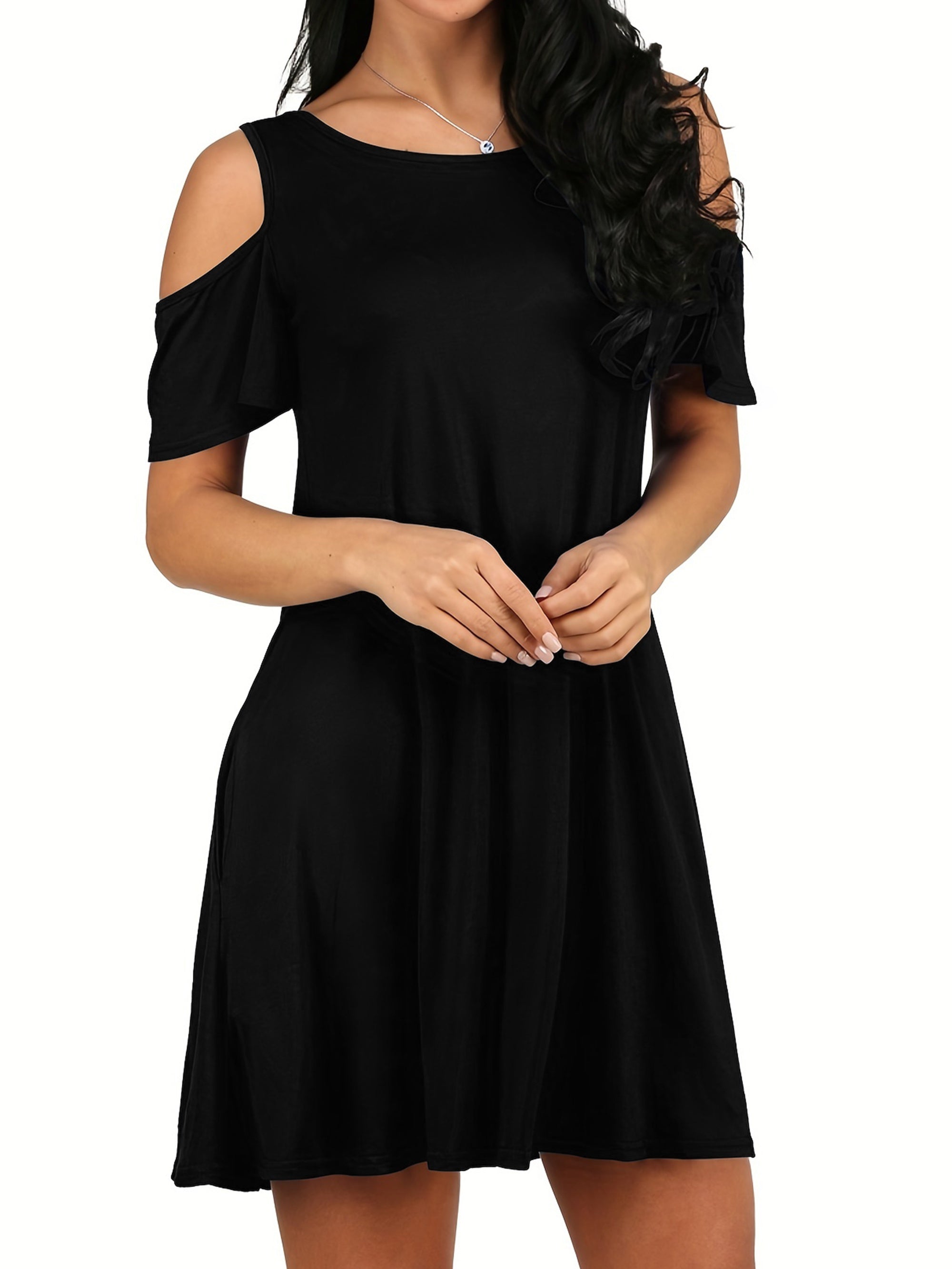 Voocci cold shoulder dress with pockets in black featuring a relaxed fit and short sleeves