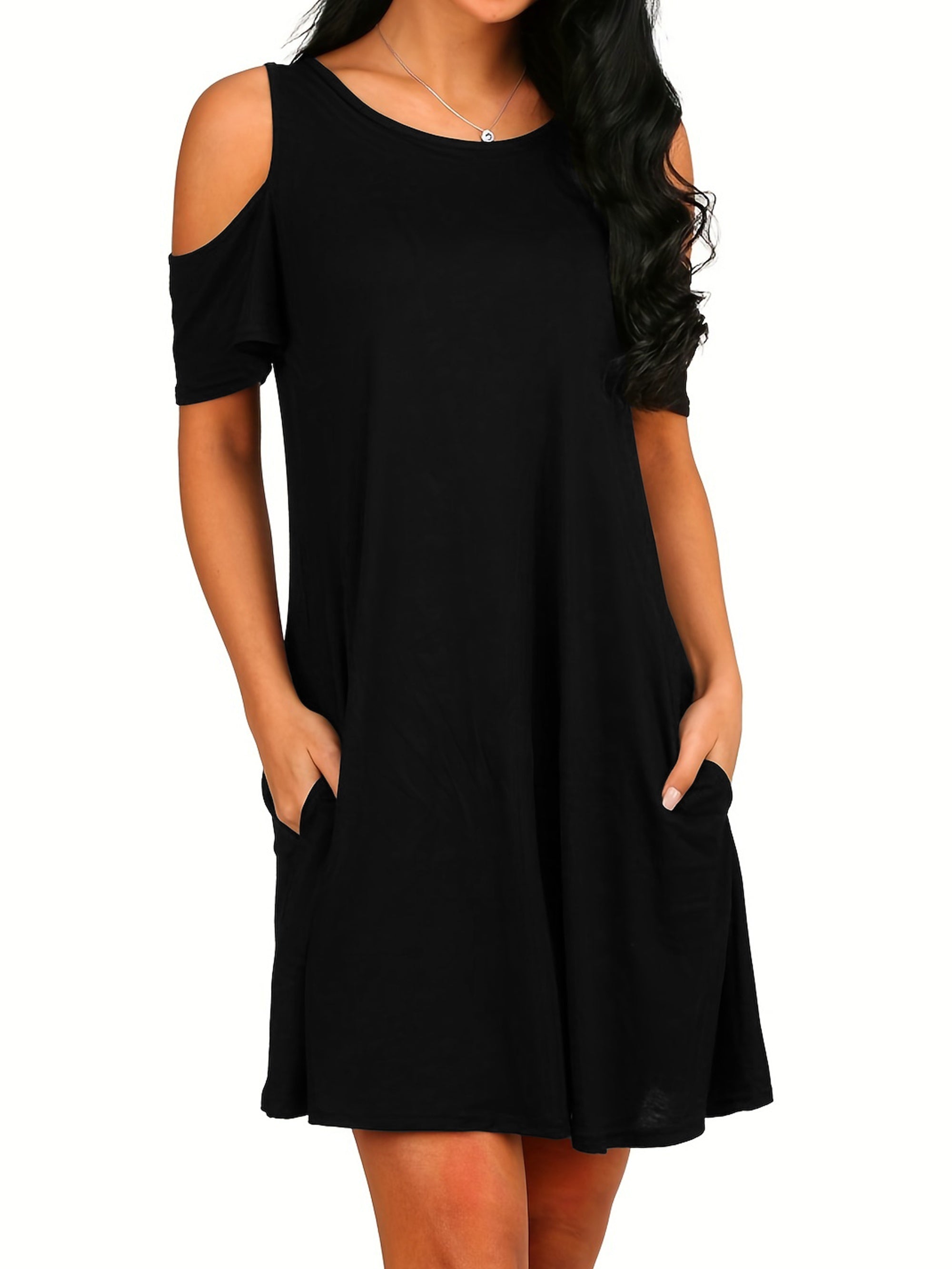 Voocci cold shoulder dress with pockets in black featuring short sleeves and a relaxed fit