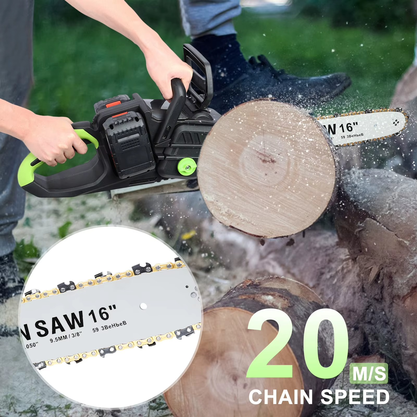 Magazaw™ cordless electric chainsaw cutting through wood with 20 m/s chain speed for efficient performance