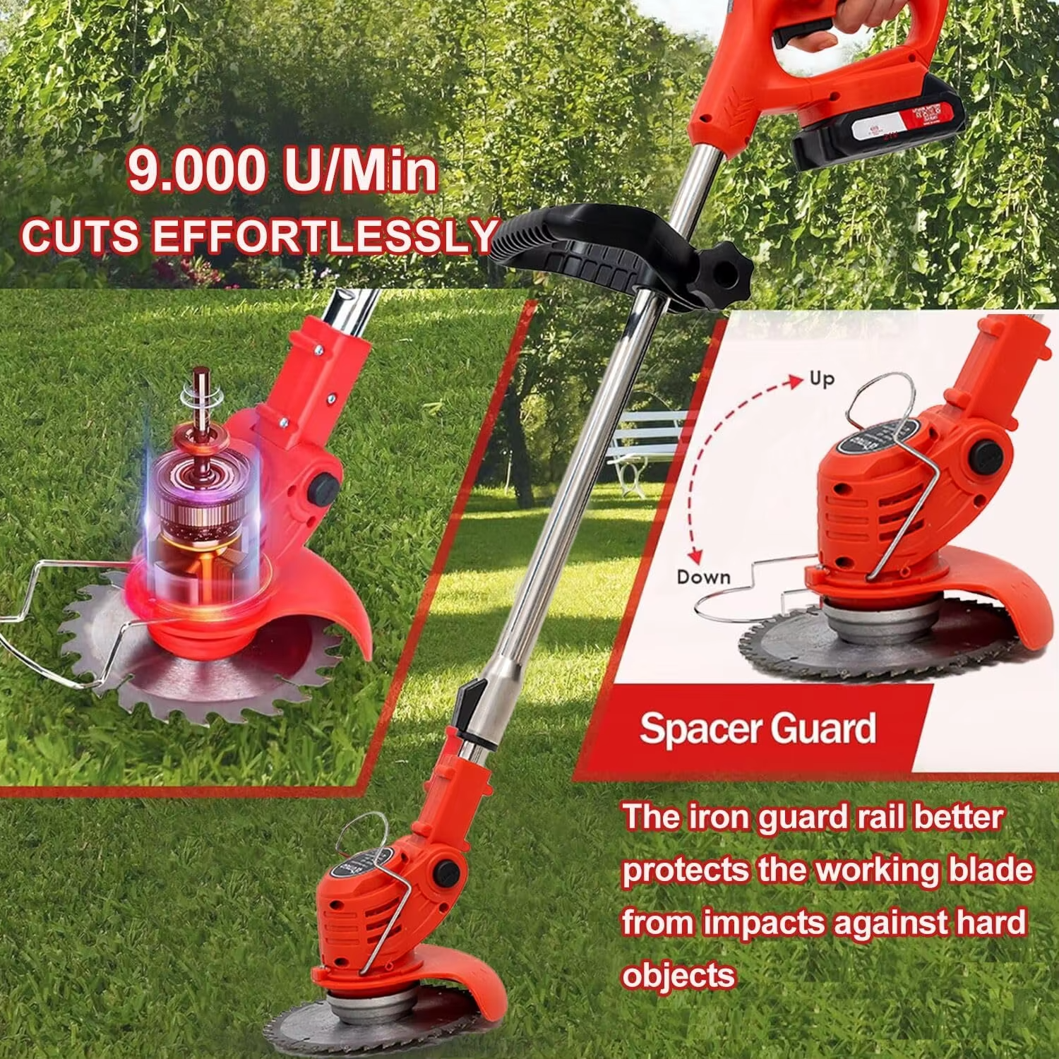 Magazaw 21V cordless weed trimmer featuring a powerful motor and spacer guard for safe cutting