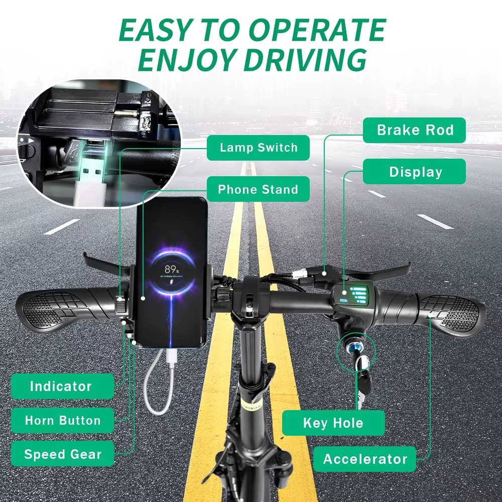 Magazaw foldable electric bike for adults with user-friendly controls and phone stand