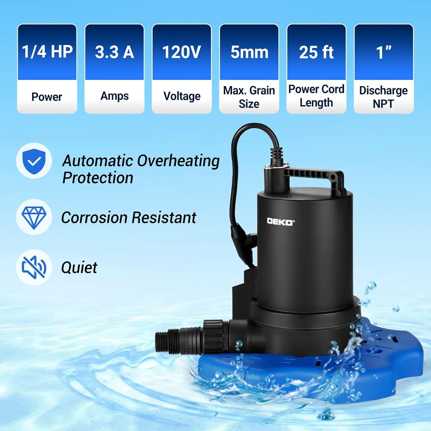 Magazaw Submersible Pool Cover Pump 3000 GPH with Automatic Overheating Protection and Quiet Operation