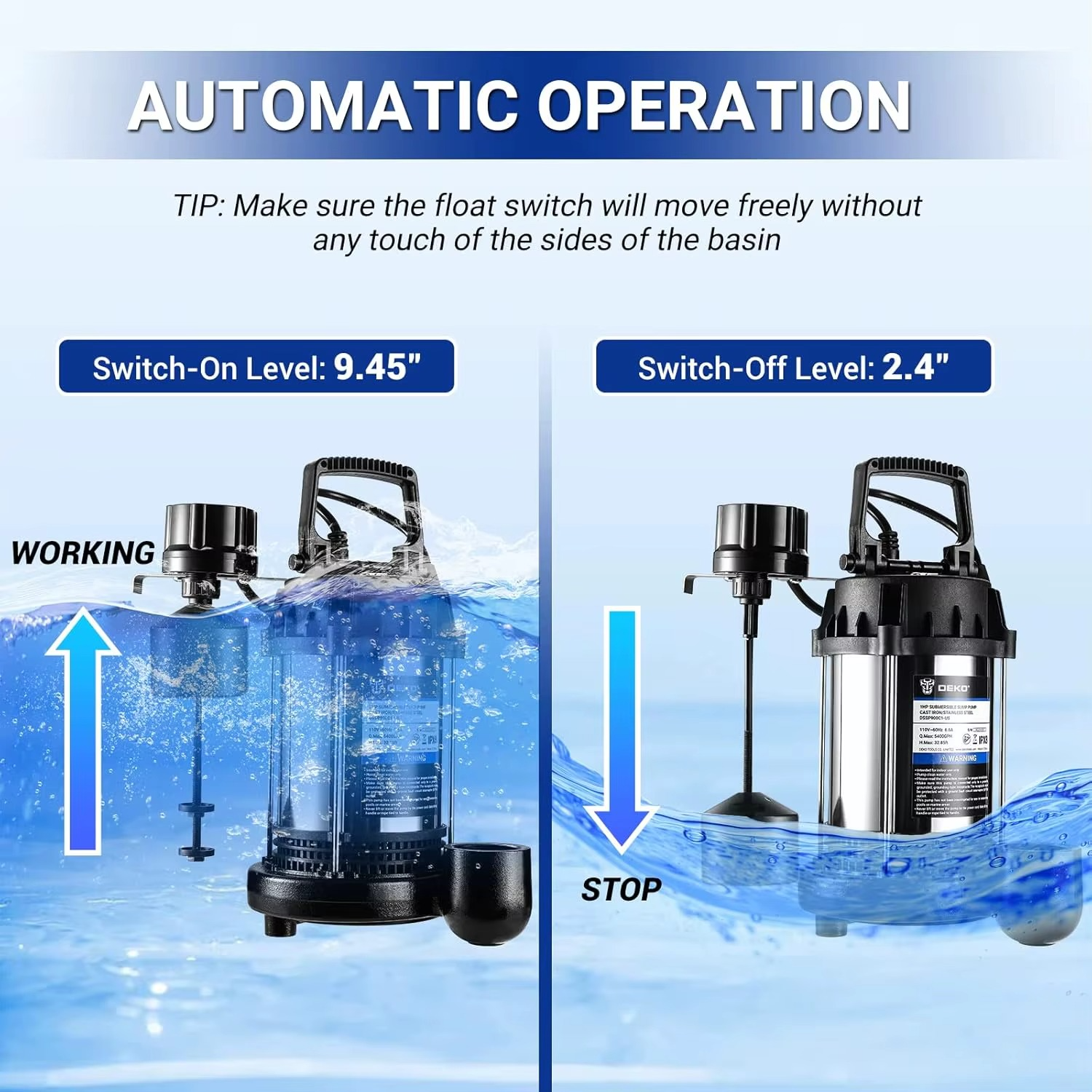 Magazaw submersible sump pump with automatic operation featuring switch-on and switch-off levels