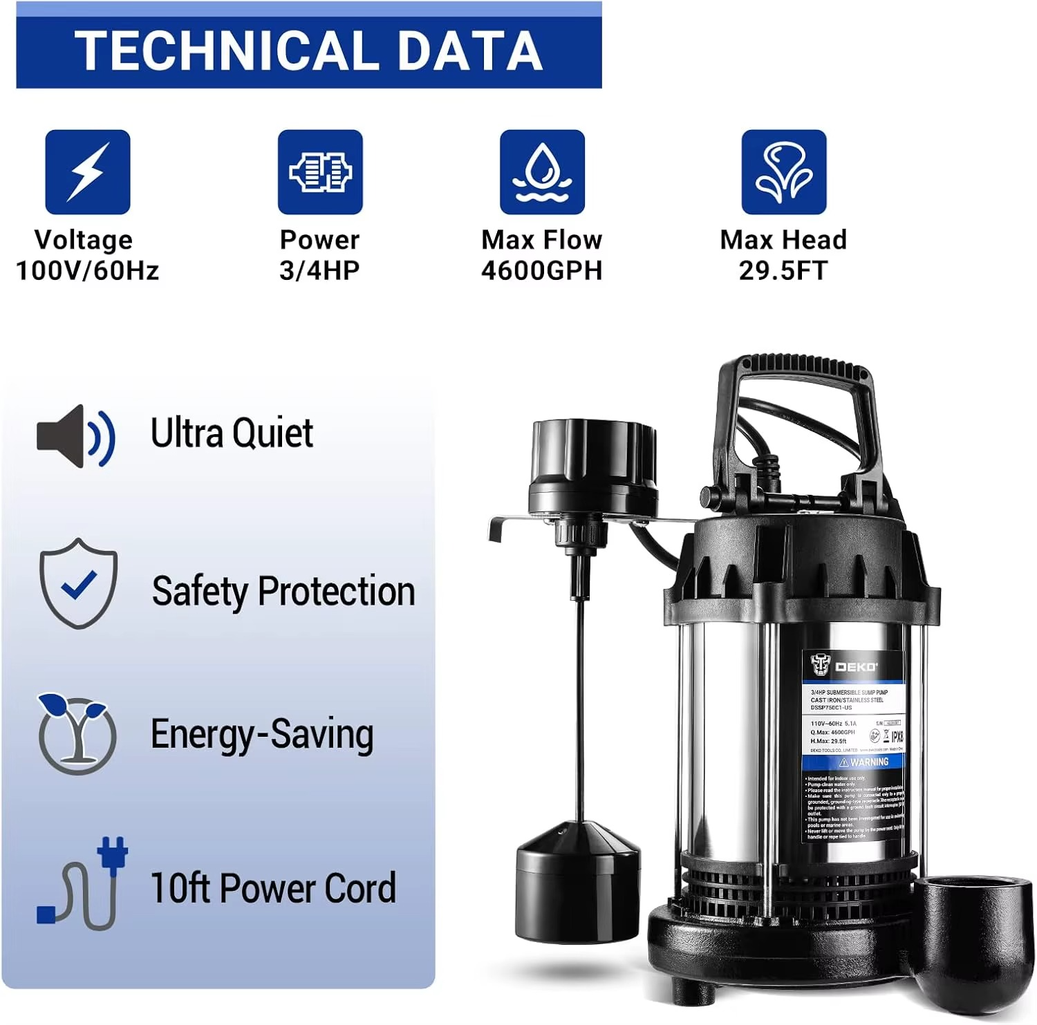 Magazaw™ submersible sump pump with 3/4HP power and 4600 GPH max flow for efficient water removal