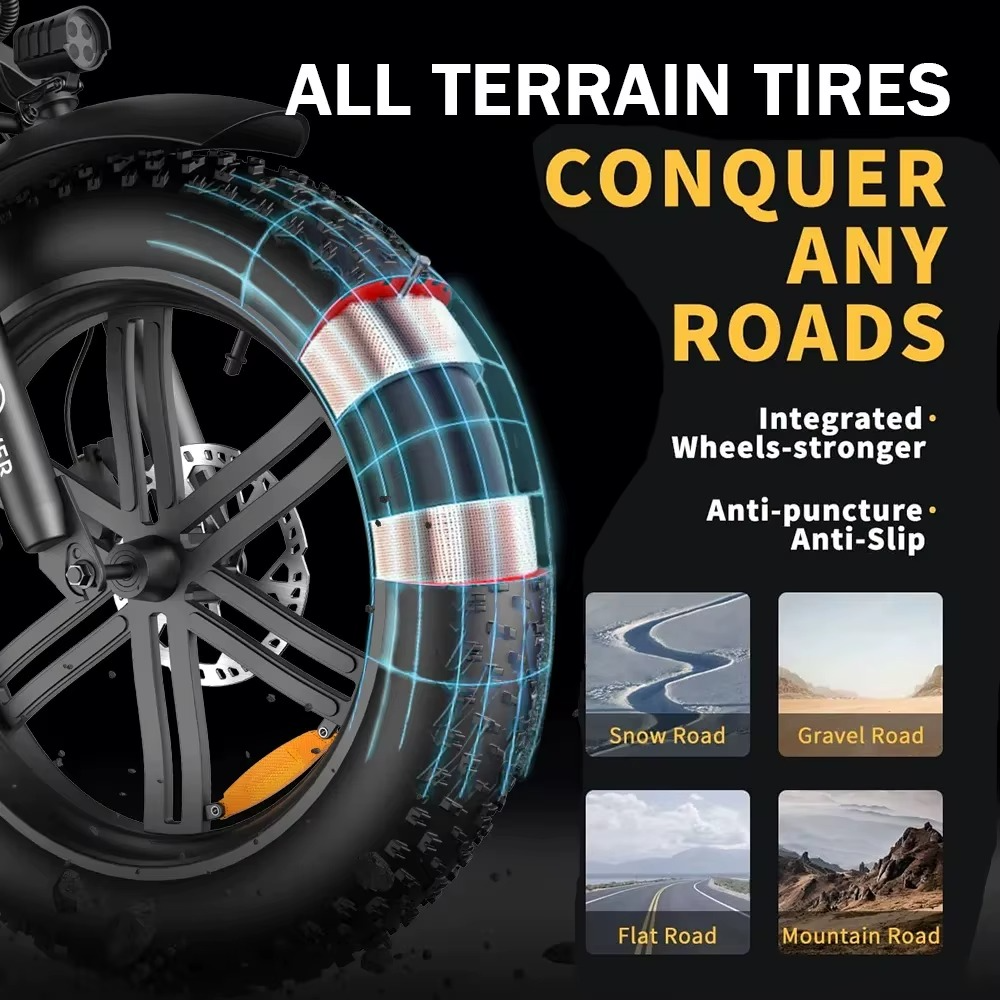 All-terrain tires on folding electric bike for adults with anti-puncture and anti-slip features