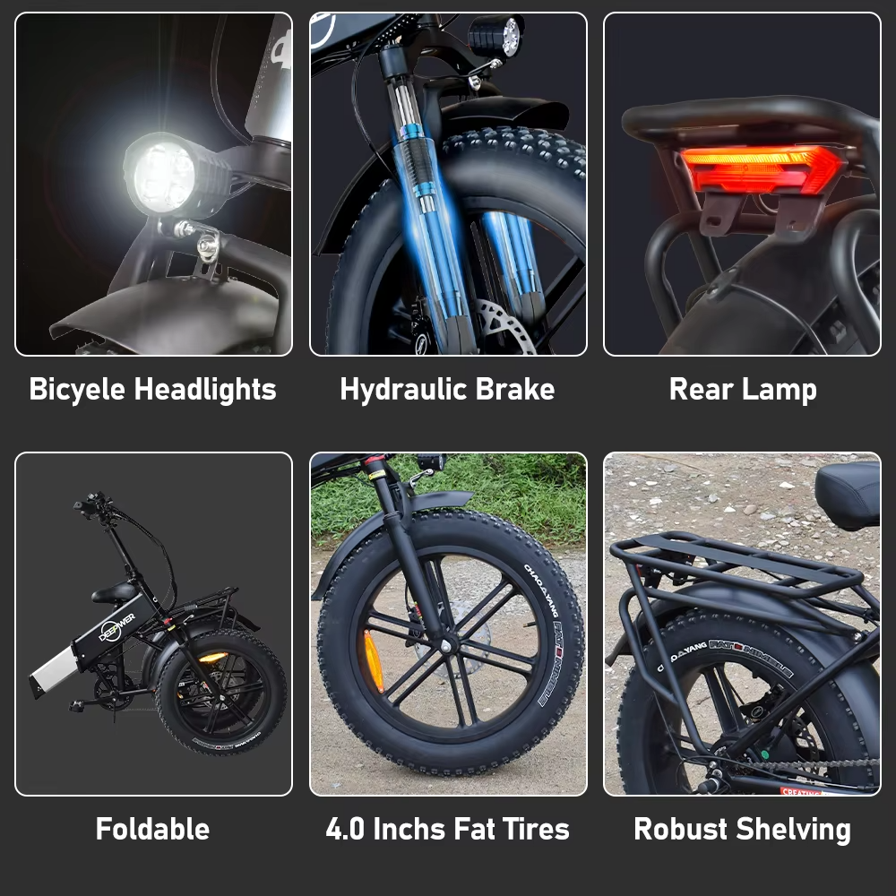 Features of Magazaw™ folding electric bike for adults including headlights, hydraulic brake, and 4.0 inches fat tires