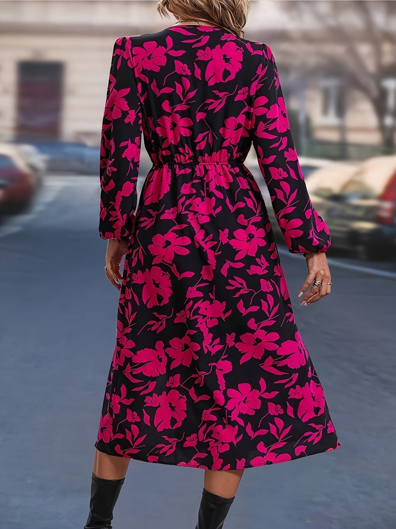 Voocci floral black and pink long dress with an elastic waist for a stylish feminine look