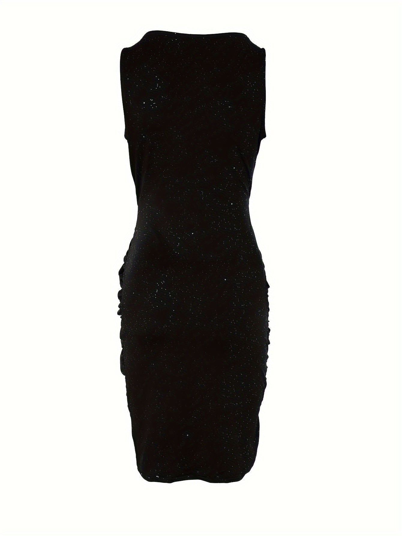 Black sleeveless dress with ruched detailing, perfect for pairing with a red sequined bodycon dress
