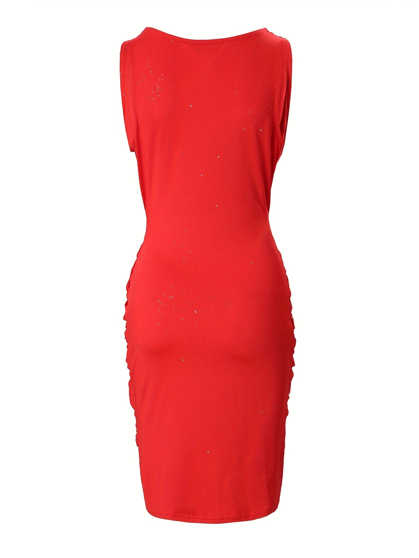 Back view of Voocci™ red sequined bodycon dress featuring a fitted silhouette and elegant design
