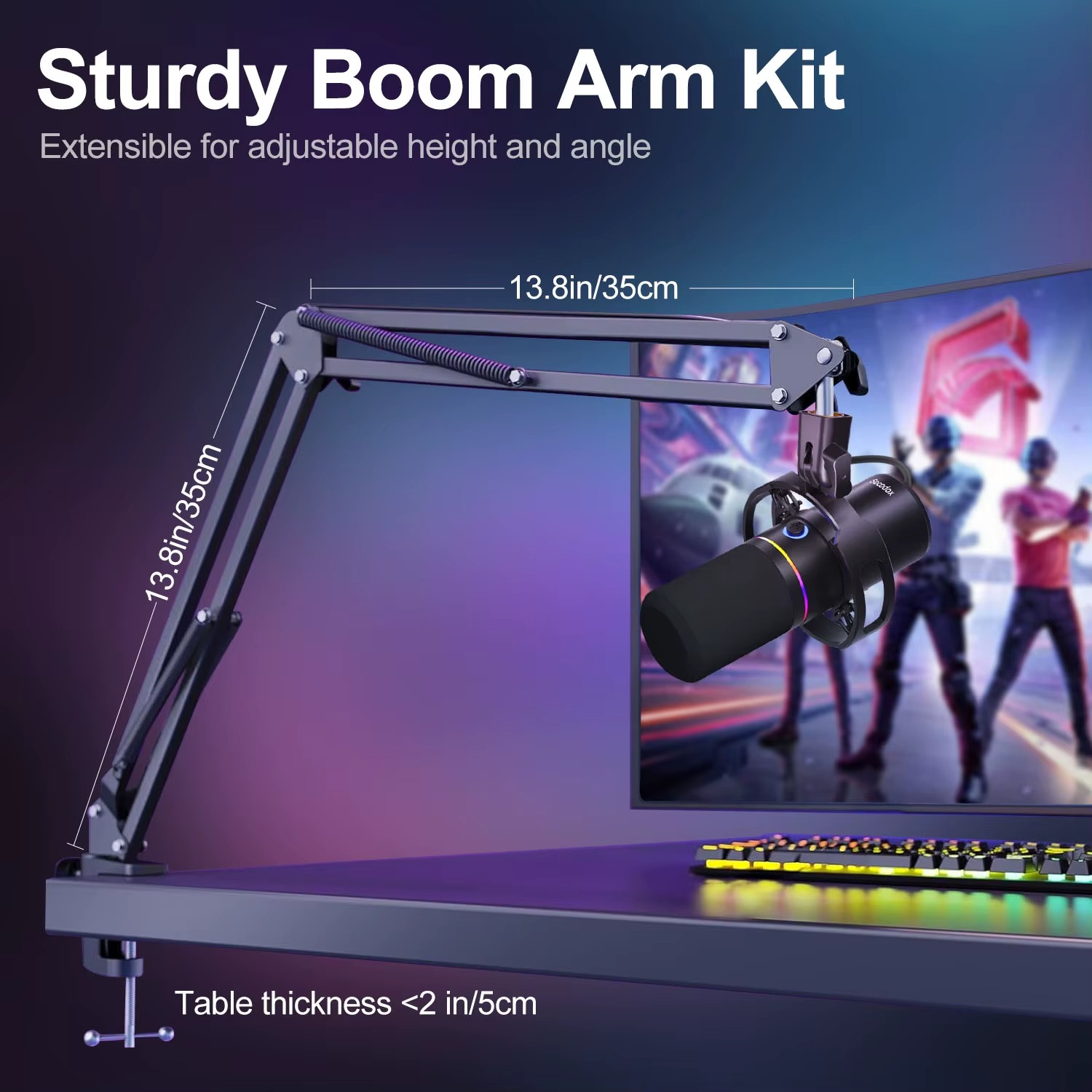 Dynamic USB microphone kit with sturdy boom arm for adjustable height and angle during recording