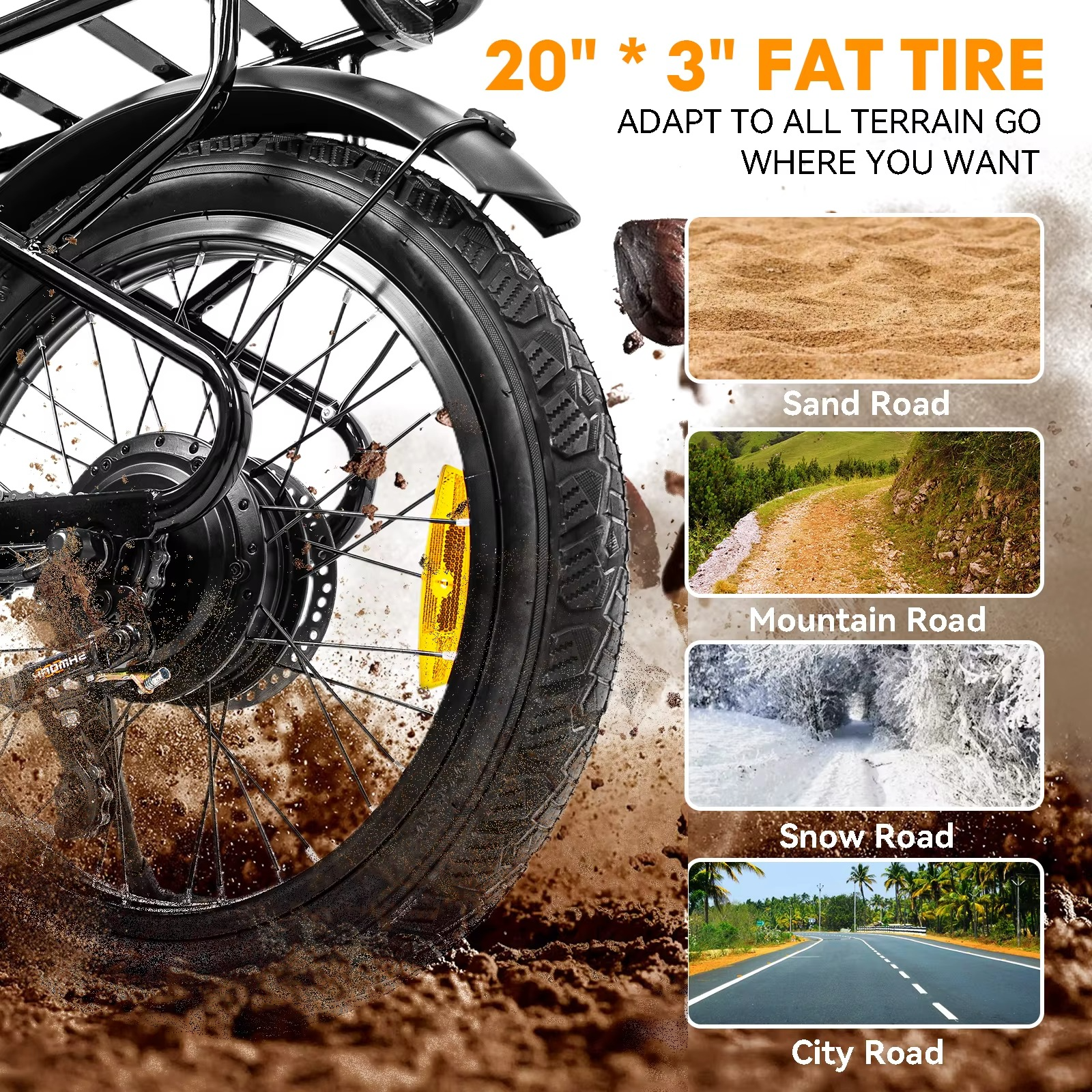 20 inch by 3 inch fat tire for Magazaw 750W electric bike multi-terrain, suitable for various surfaces
