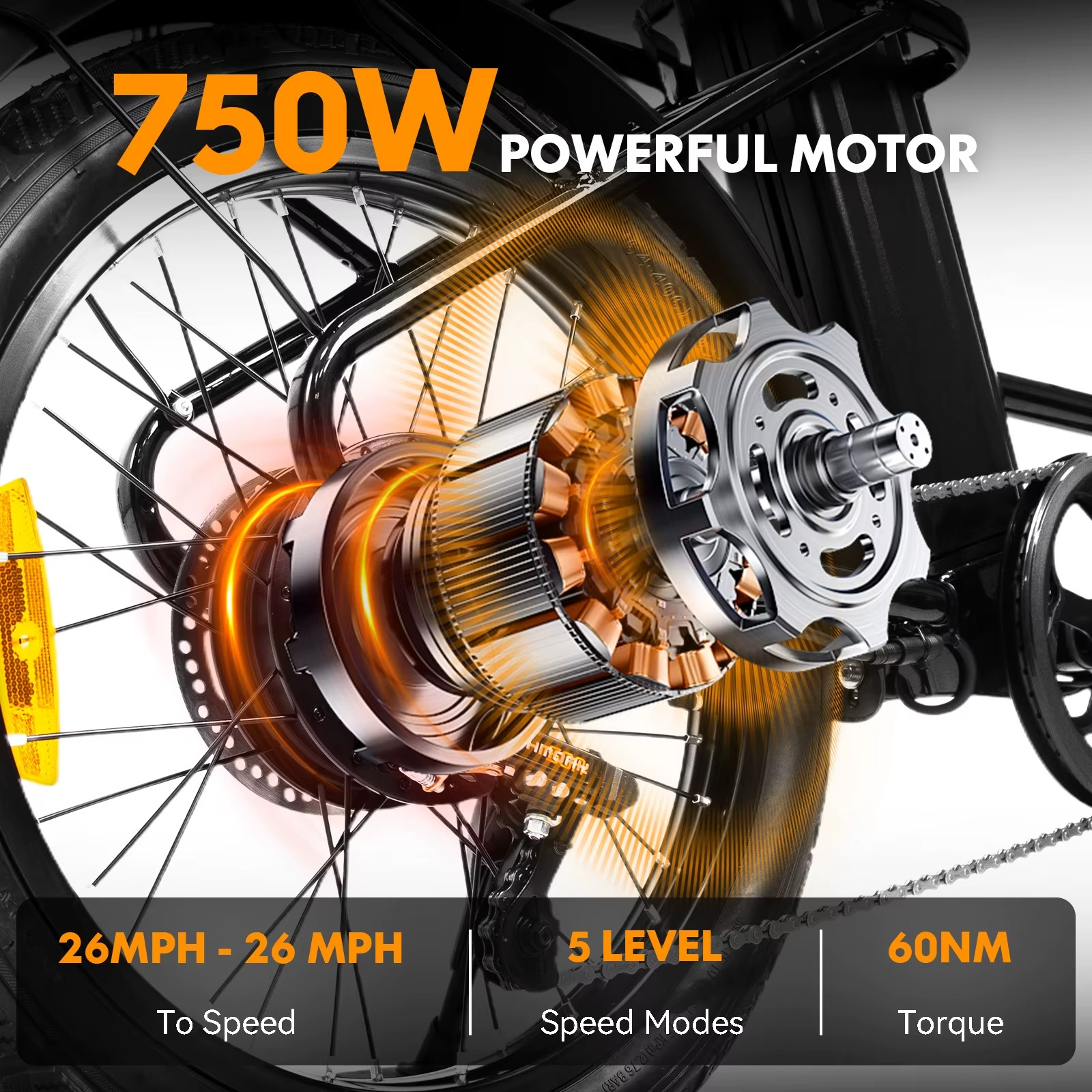 Close-up of 750W electric bike multi-terrain motor showcasing powerful performance and speed levels