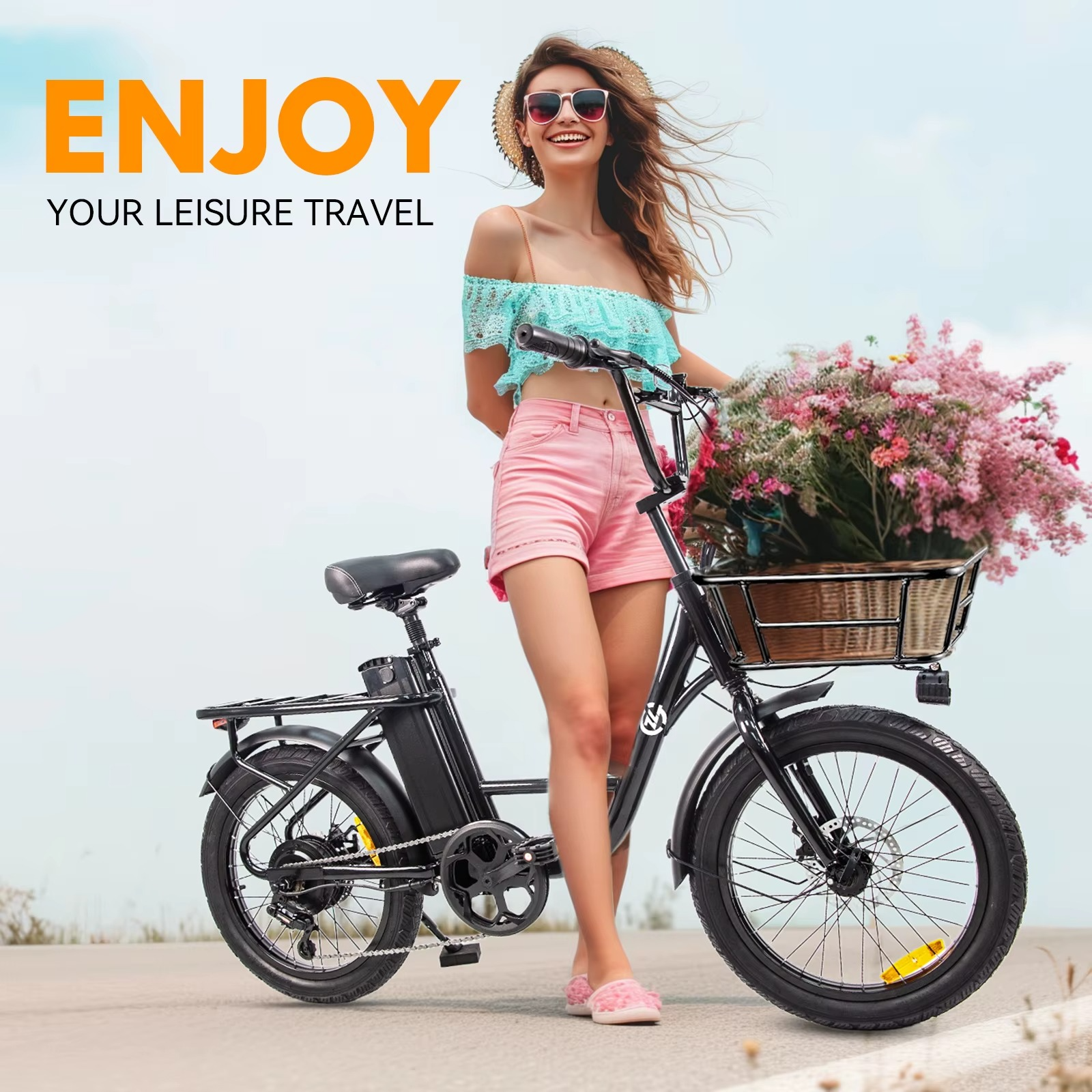 Magazaw 750W electric bike multi-terrain with a woman carrying flowers in a basket