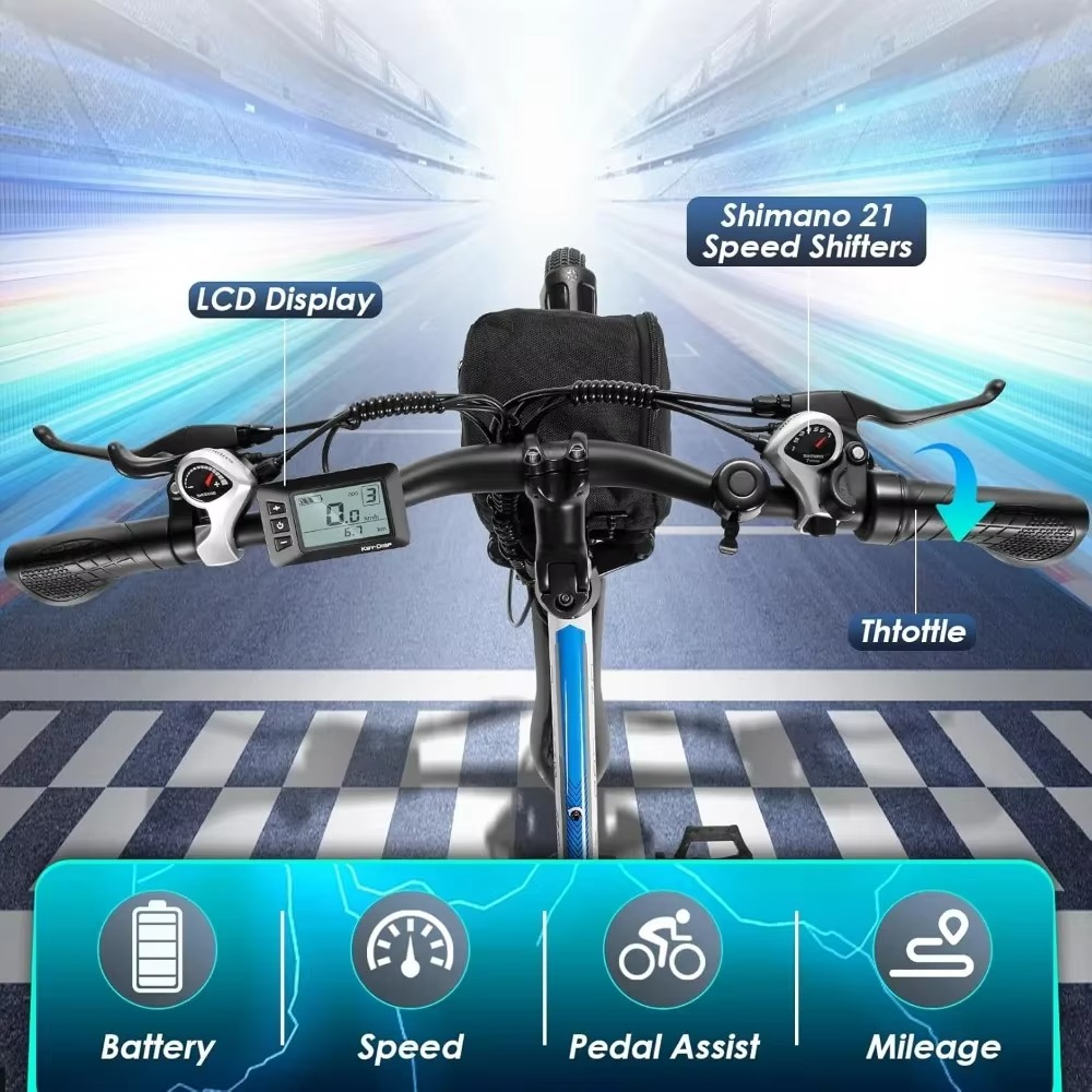 Magazaw 750W electric mountain bike handlebars featuring LCD display and Shimano 21 speed shifters