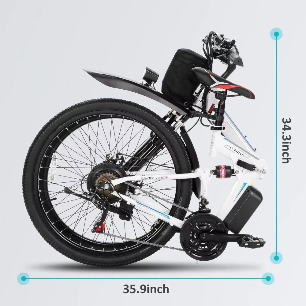 Folded Magazaw™ 750W electric mountain bike showcasing compact dimensions for easy storage