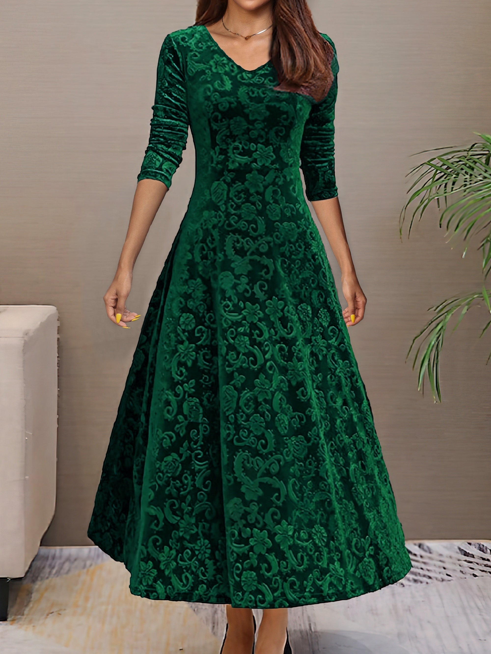 Voocci elegant long sleeve dress in green with a beautiful textured design, perfect for formal occasions