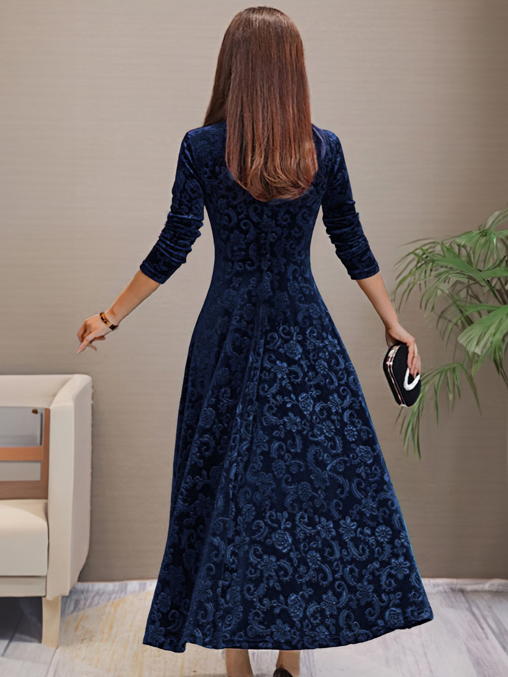 Voocci elegant long sleeve dress in navy blue with a flowing design and elegant detailing