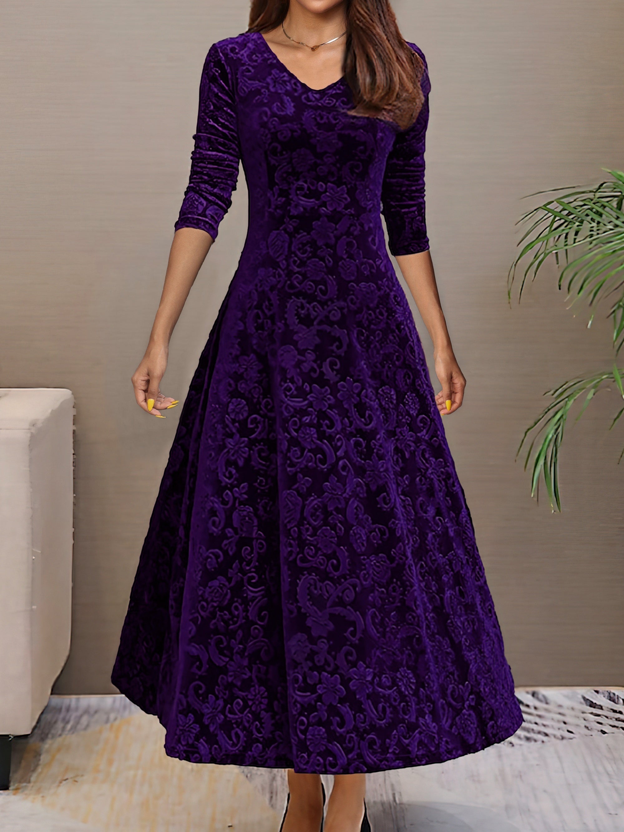 Voocci elegant long sleeve dress in purple velvet with a flattering A-line silhouette