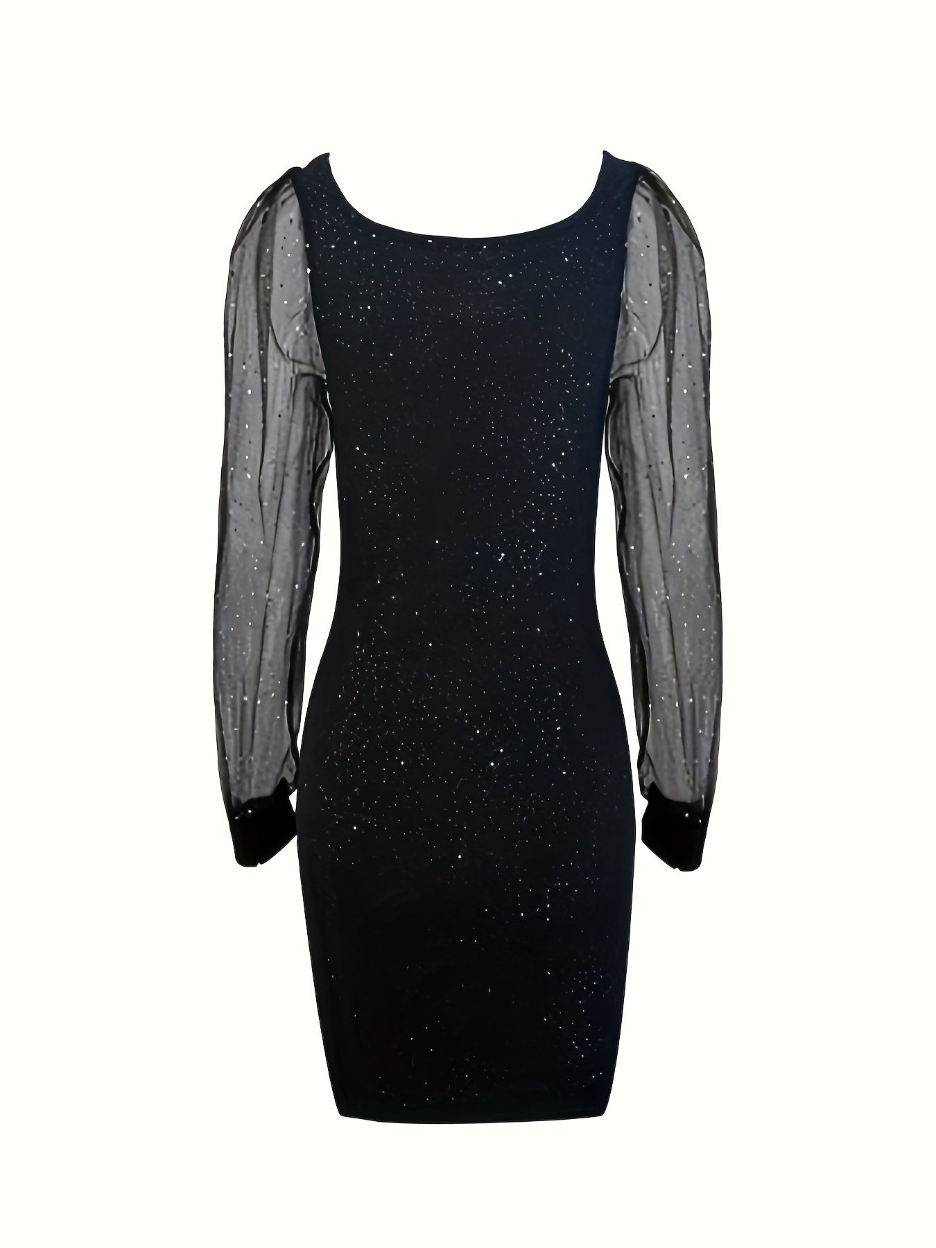 Elegant midi bodycon dress with sheer puff sleeves and sparkling embellishments for a chic look