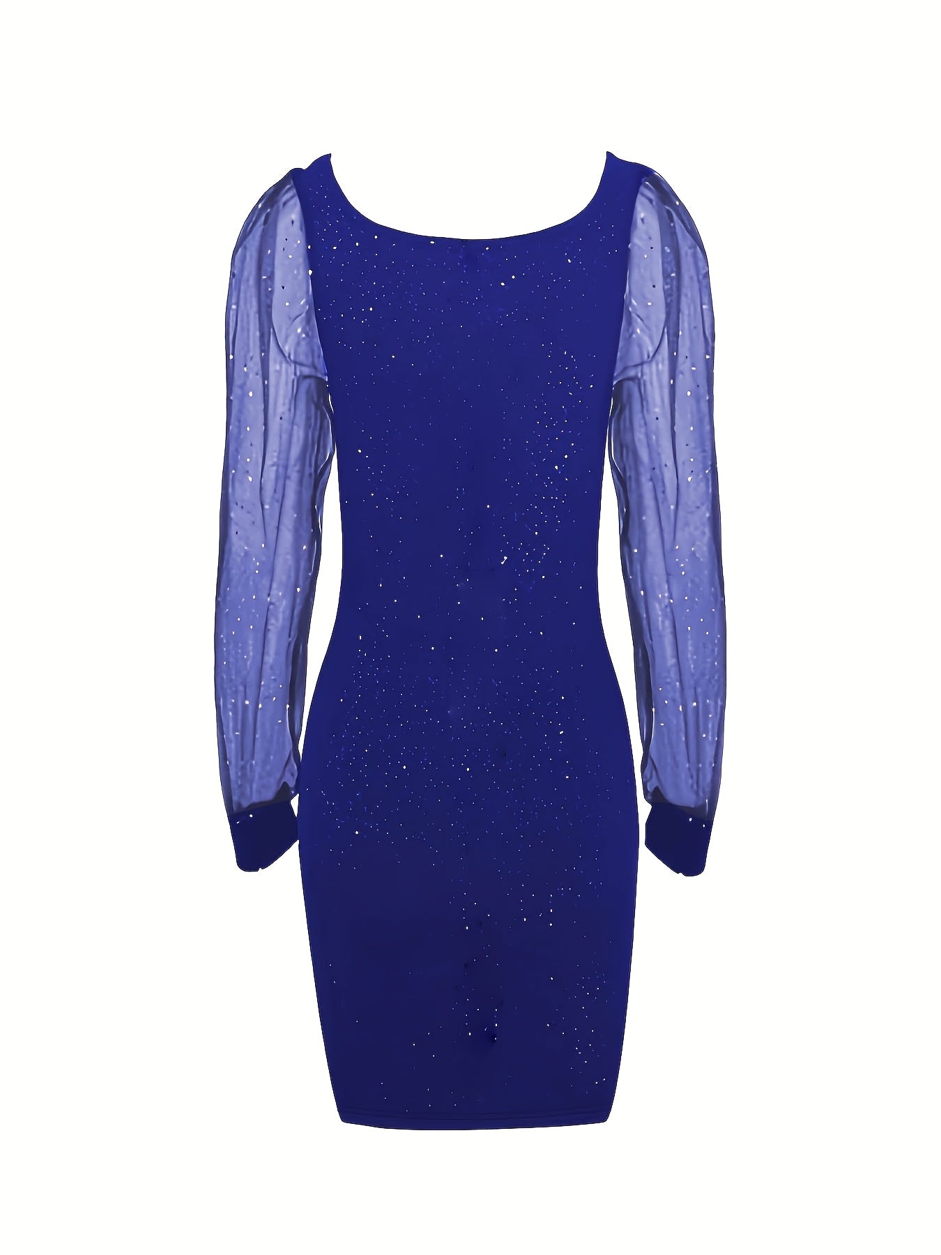 Voocci elegant midi bodycon dress in royal blue with sheer puff sleeves and sparkly detailing