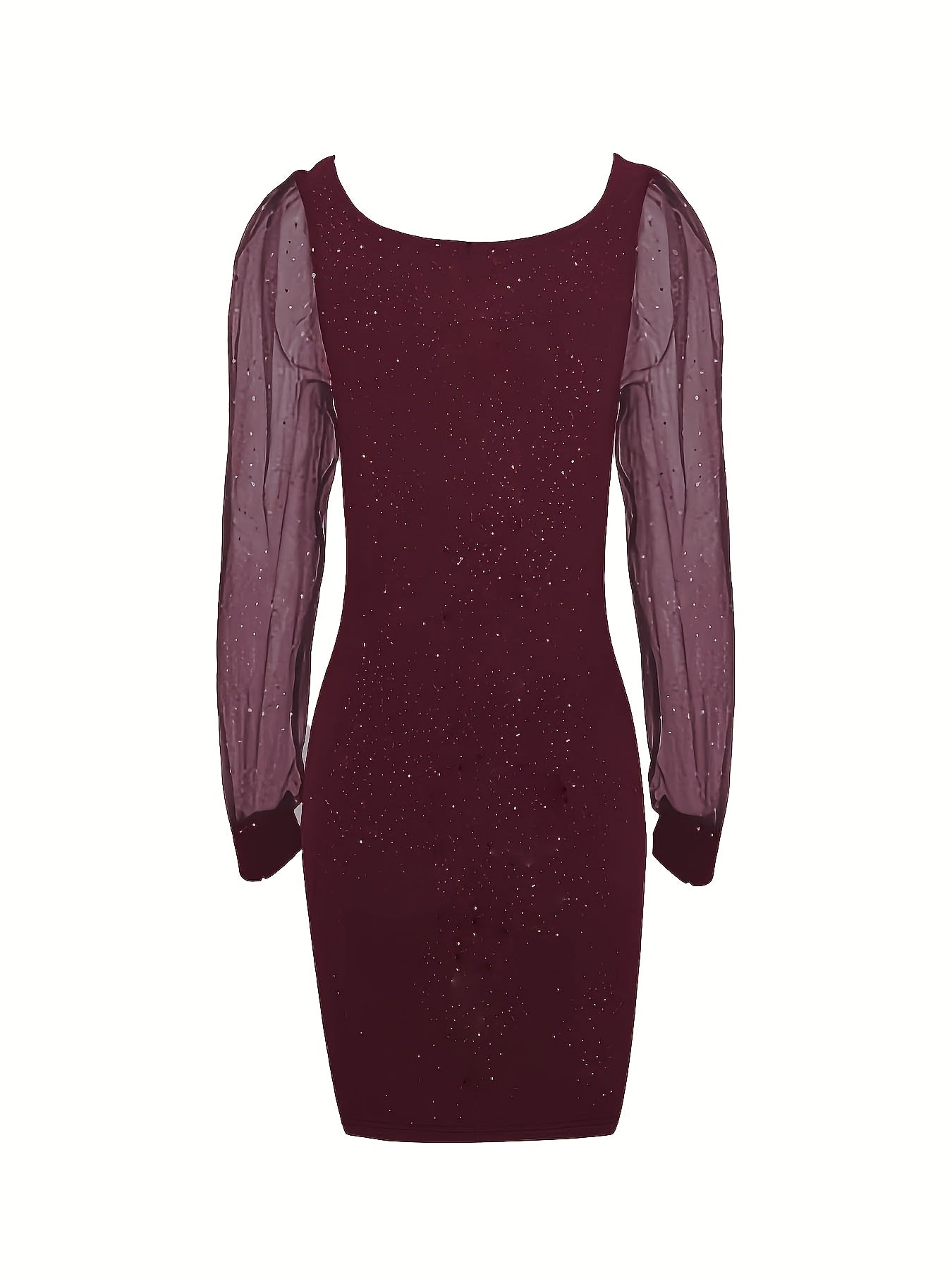Voocci™ elegant midi bodycon dress in burgundy with sheer puff sleeves and textured fabric