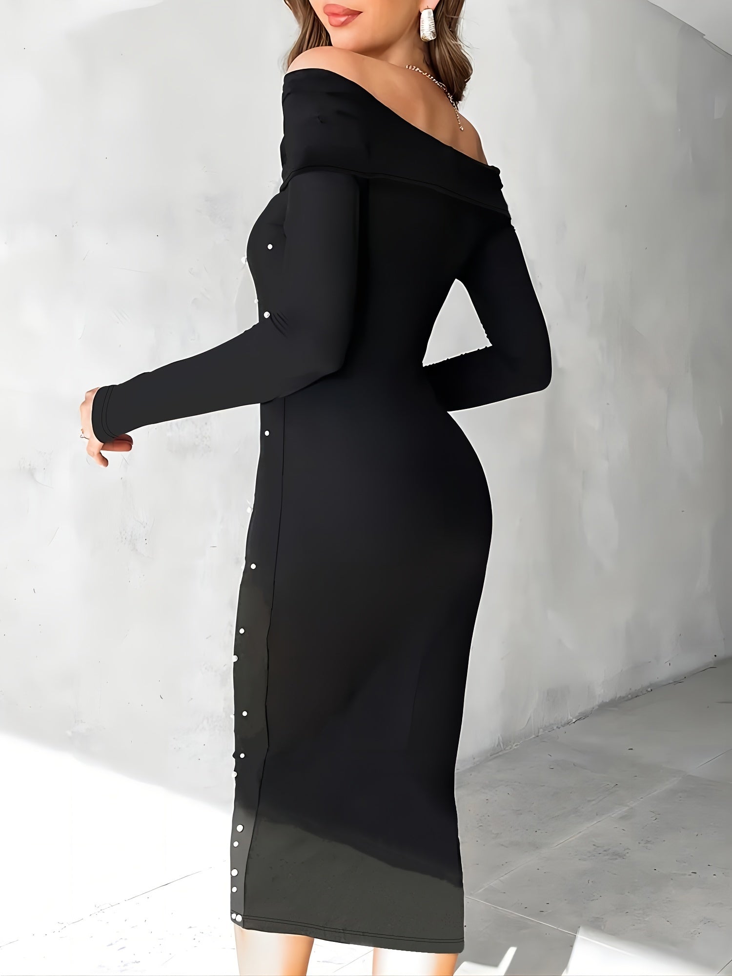 Voocci elegant off shoulder dress in black with long sleeves and button detailing on the side