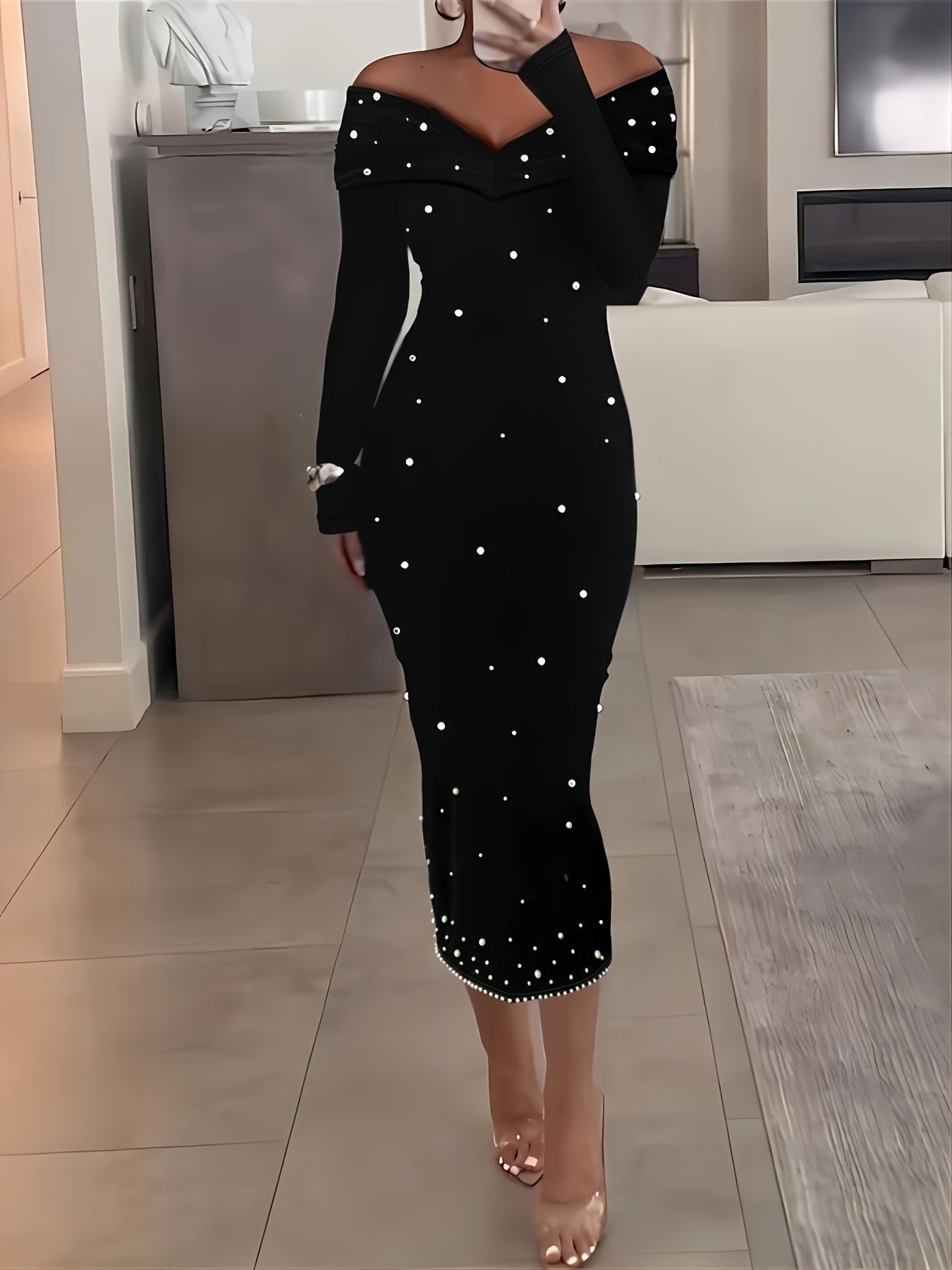 Voocci elegant off shoulder dress in black with pearl embellishments for a sophisticated look