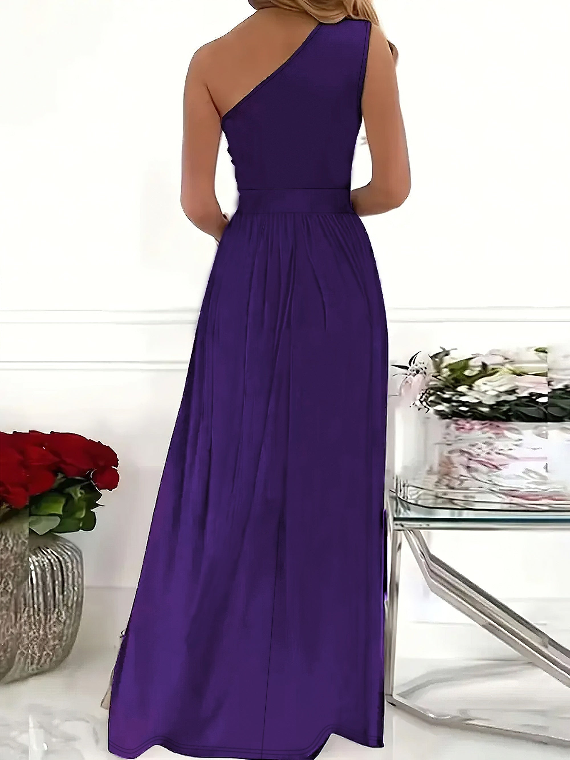 Voocci™ Elegant One Shoulder Dress in Purple with a Flowing Design and Back Detail