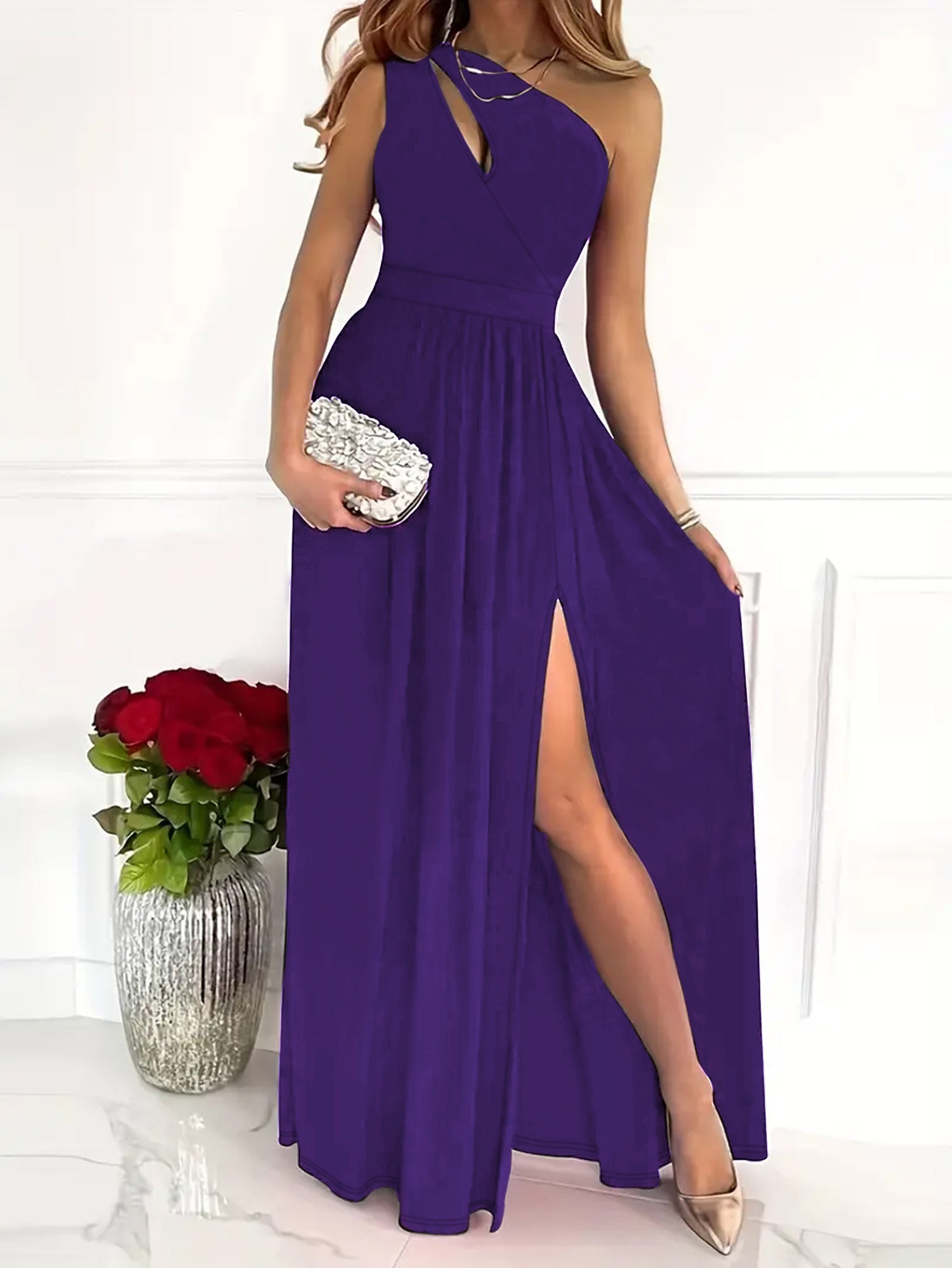 Voocci elegant one shoulder dress in purple with a thigh-high slit and stylish cutout detail