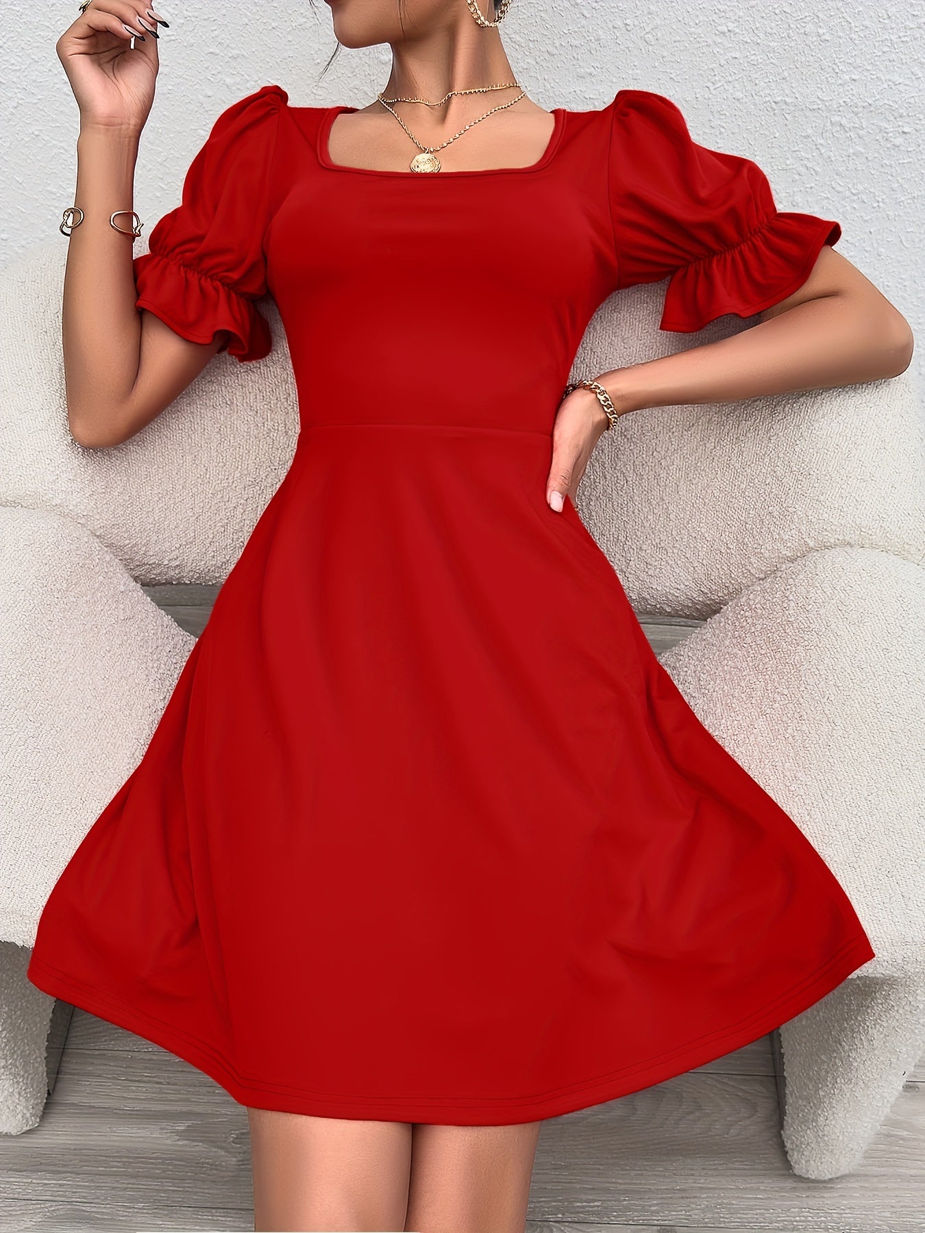 Voocci™ elegant puff sleeve dress in red with a square neckline and flared skirt