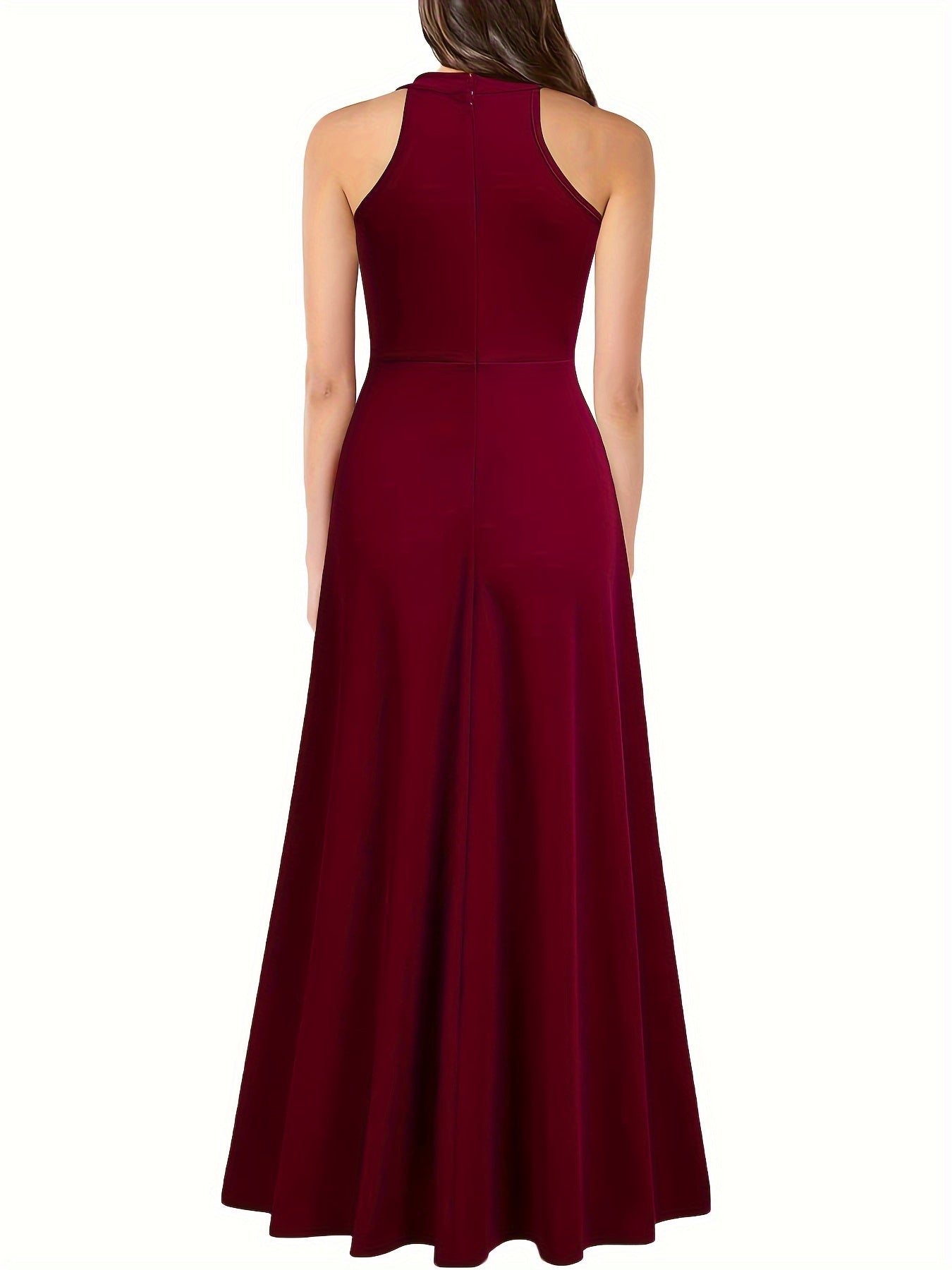 Voocci elegant split thigh maxi dress in burgundy showcasing a flattering back design