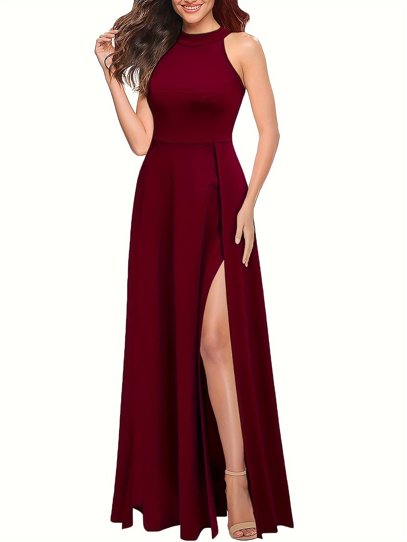 Voocci™ Elegant Split Thigh Maxi Dress in Deep Burgundy for Formal and Casual Events