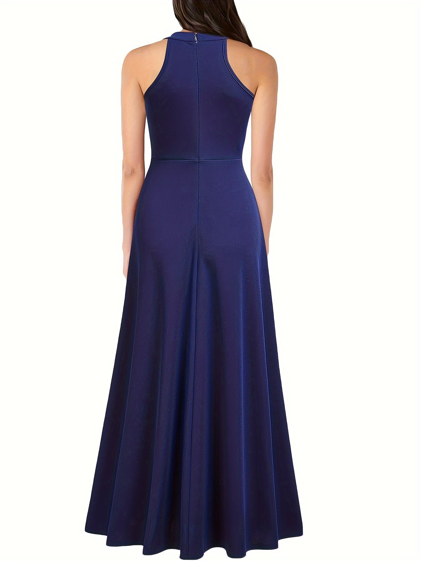 Voocci™ elegant split thigh maxi dress in navy blue with a flattering halter neck design