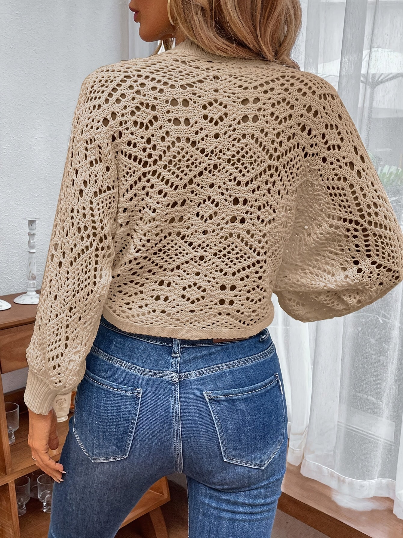 Voocci™ elegant v-neck knit cardigan in beige with intricate lace detailing and relaxed fit