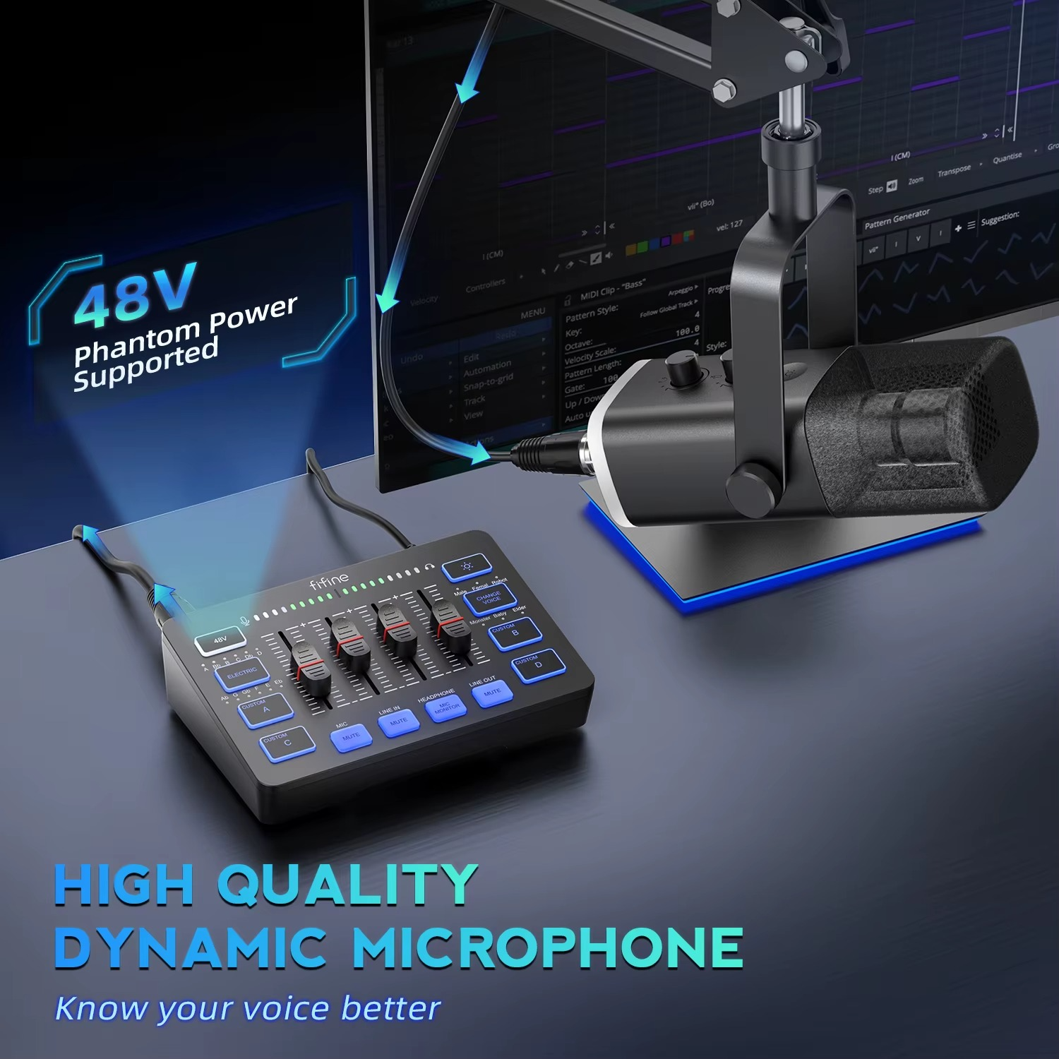 FIFINE podcast kit with RGB mixer showing dynamic microphone and sound mixer controls for enhanced audio quality
