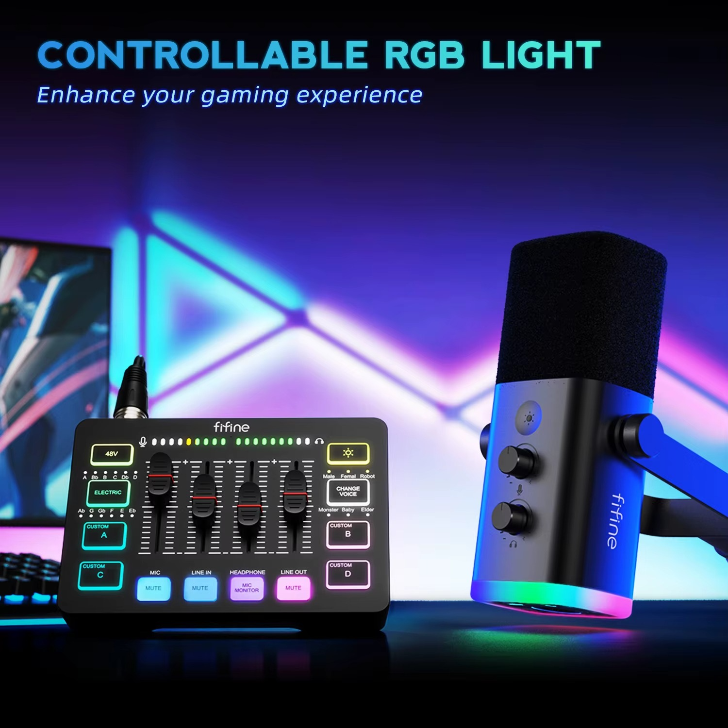 FIFINE podcast kit with RGB mixer featuring a vibrant RGB light and a professional microphone setup