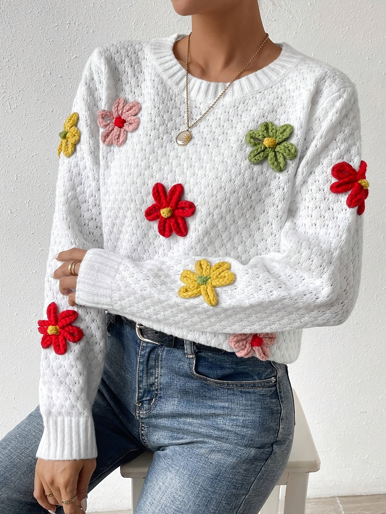 Voocci floral design knitted sweater in white featuring colorful flower embroidery for a stylish look