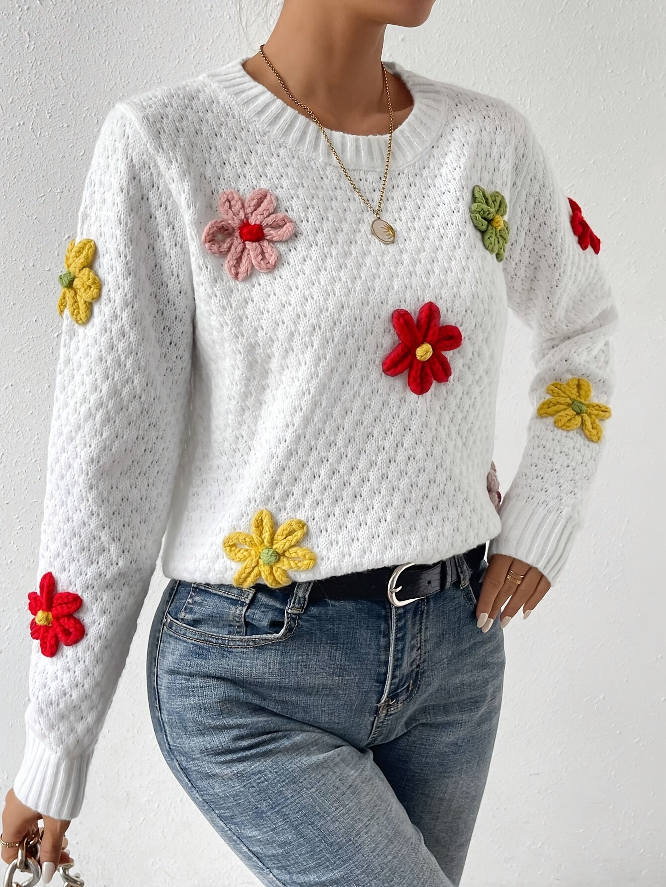 Voocci™ floral design knitted sweater in white with colorful flower appliques for a stylish look