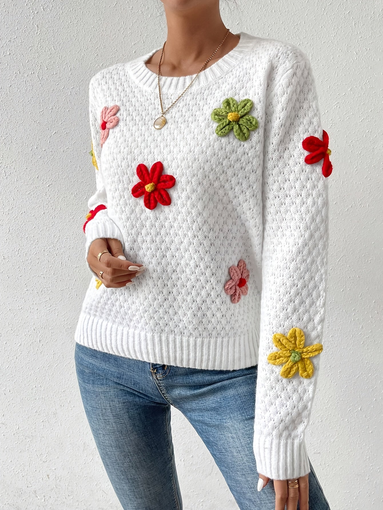 Voocci floral design knitted sweater in white with colorful floral embroidery for a stylish look