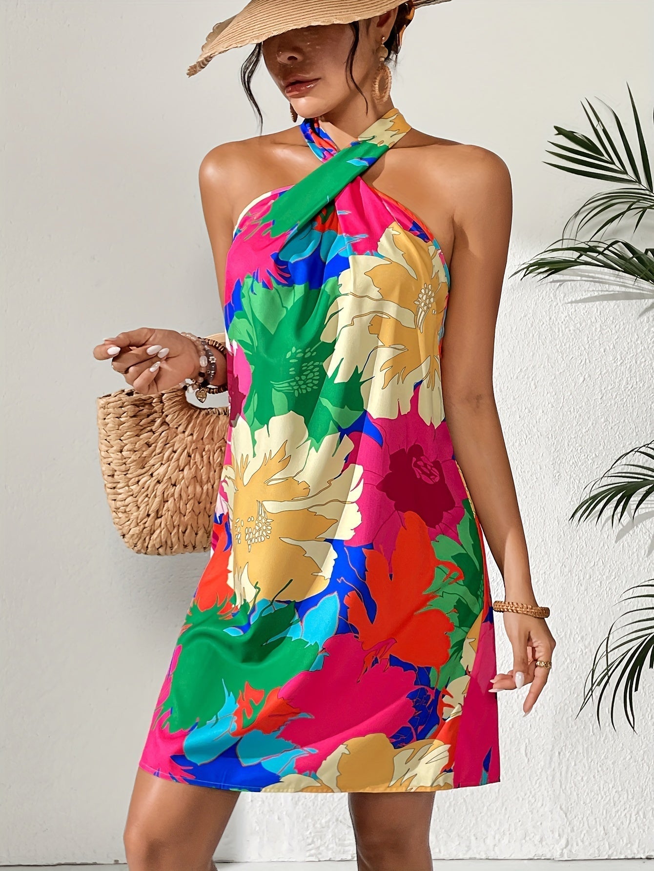 Voocci floral halter neck dress in vibrant colors with bold floral patterns for summer styling