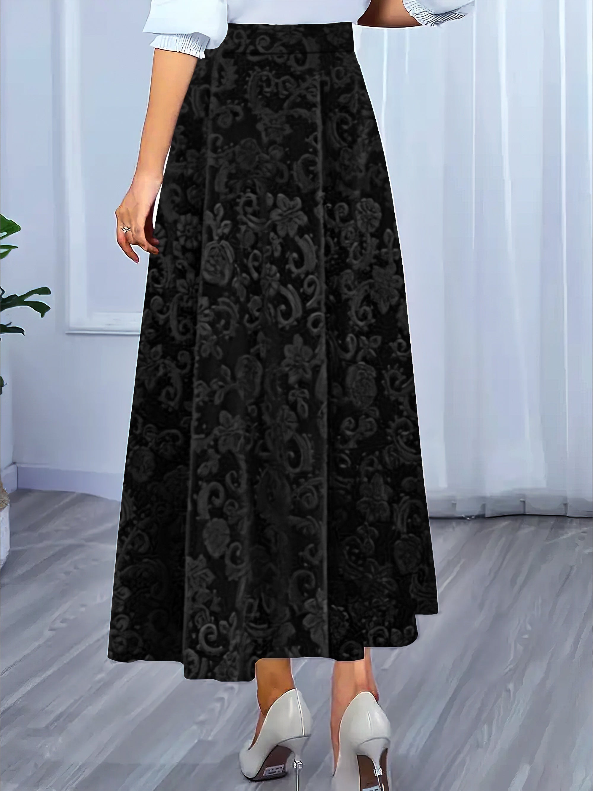 Voocci floral pattern high waist skirt in black, perfect for elegant summer outings