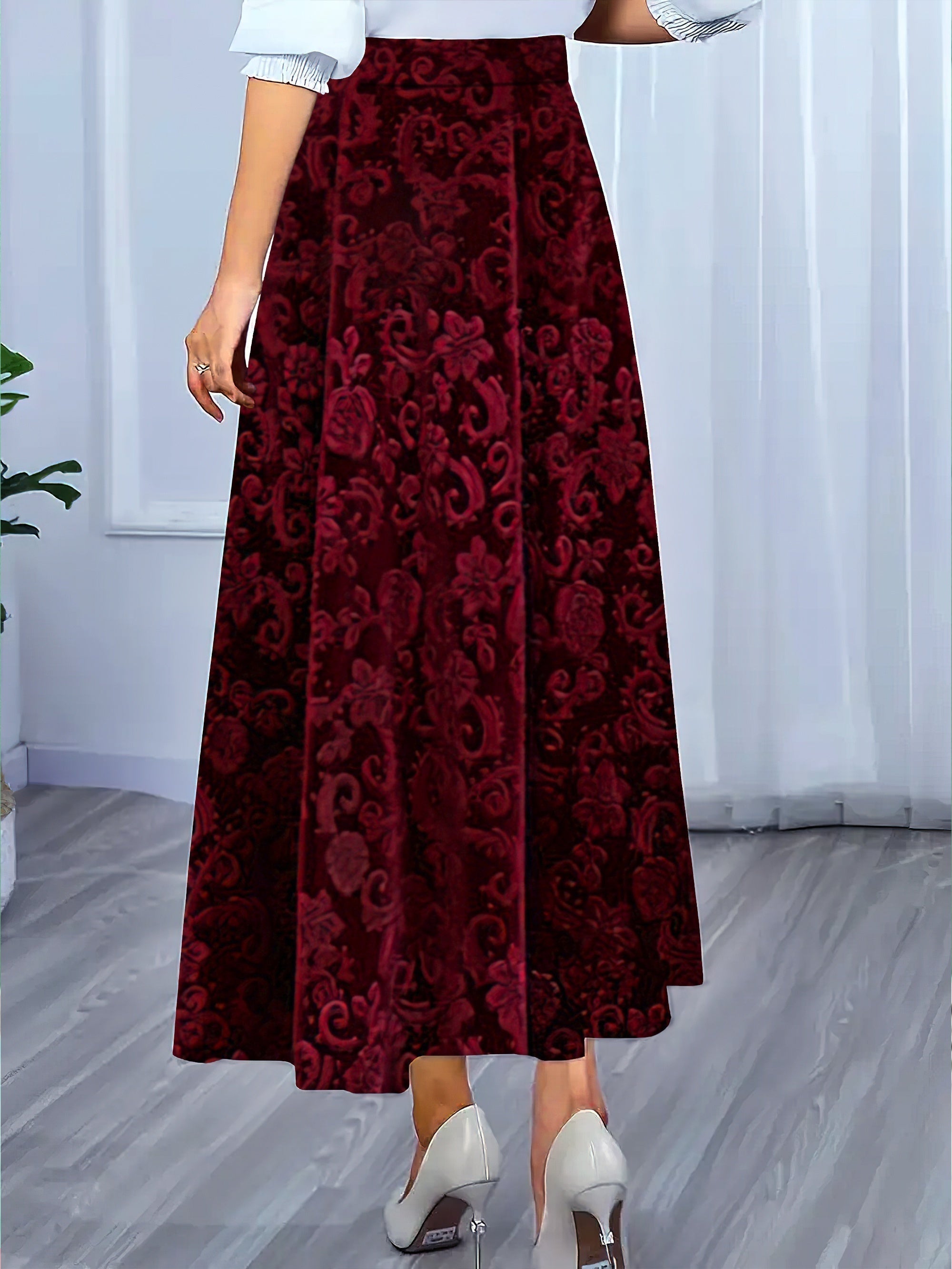 Voocci floral pattern high waist skirt in burgundy, perfect for stylish and elegant outfits