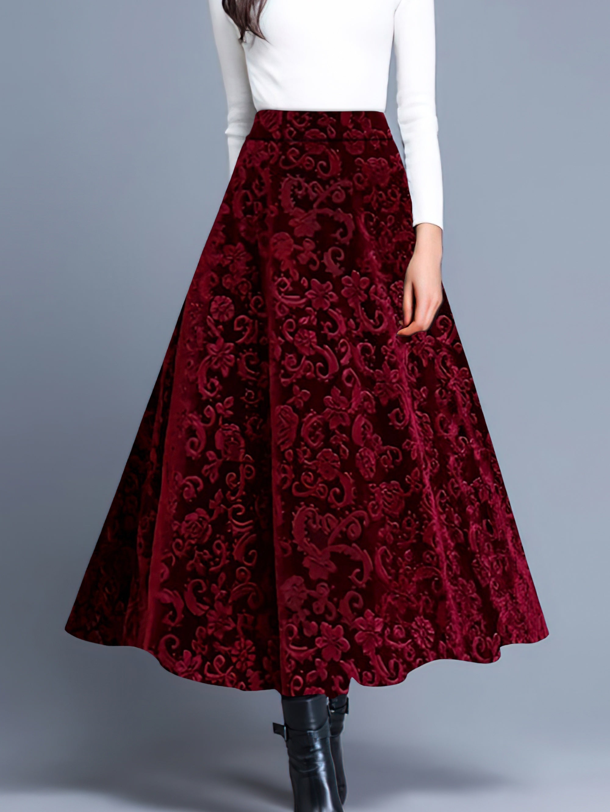 Voocci™ floral pattern high waist skirt in burgundy with a flowing design for elegant outfits