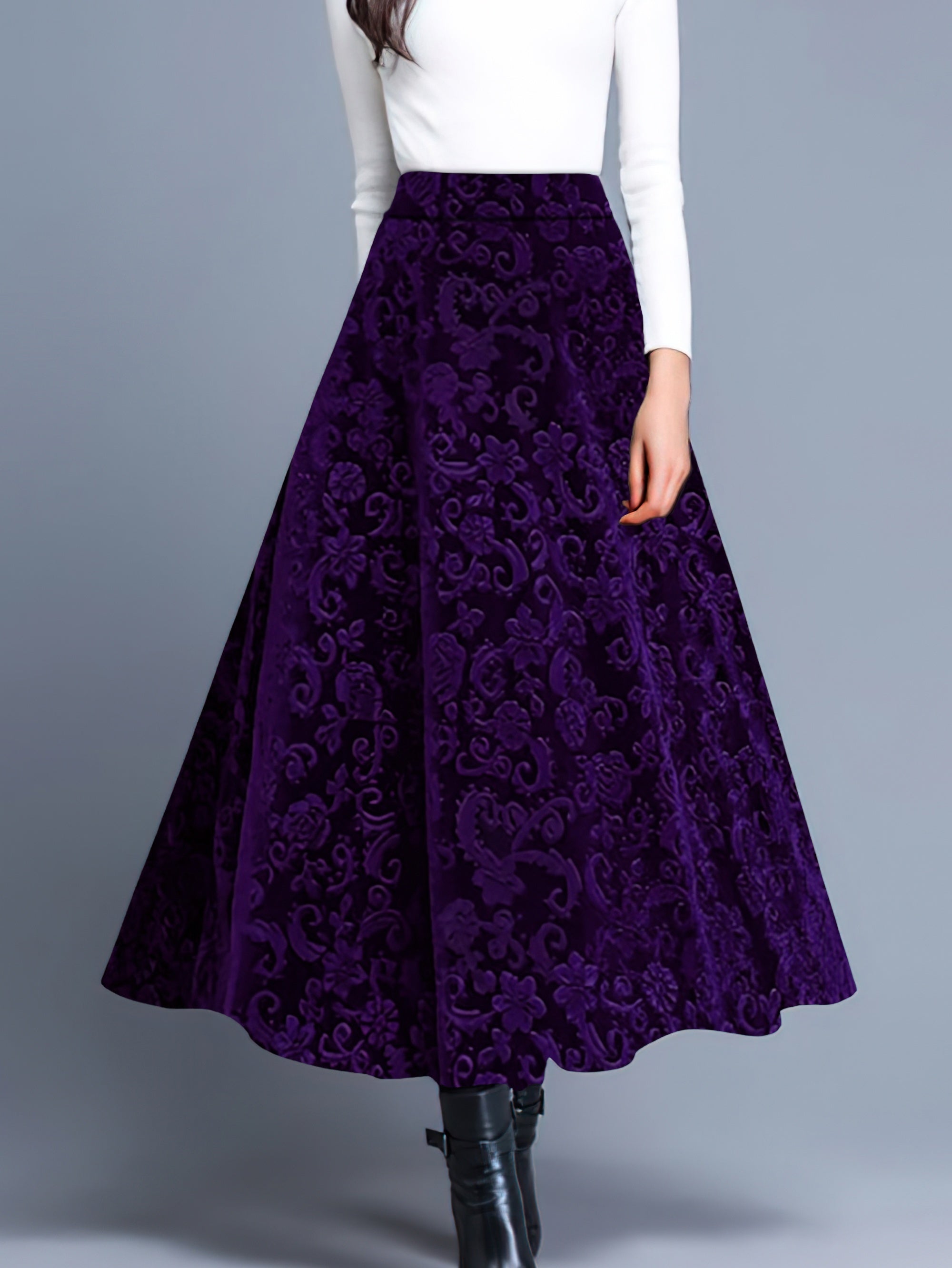 Voocci floral pattern high waist skirt in rich purple for elegant and stylish outfits