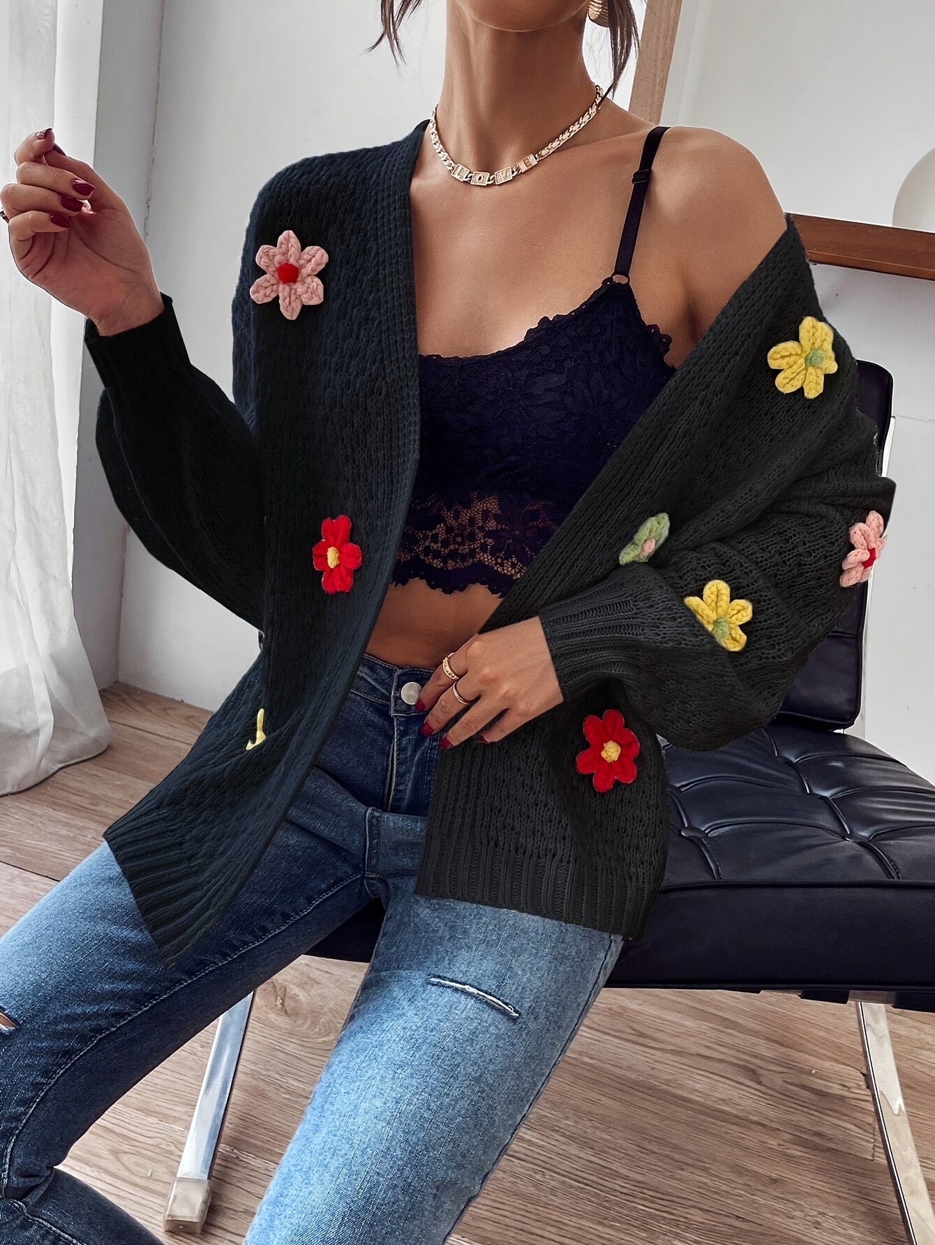 Voocci floral pattern women's cardigan with colorful flower appliques and a relaxed fit