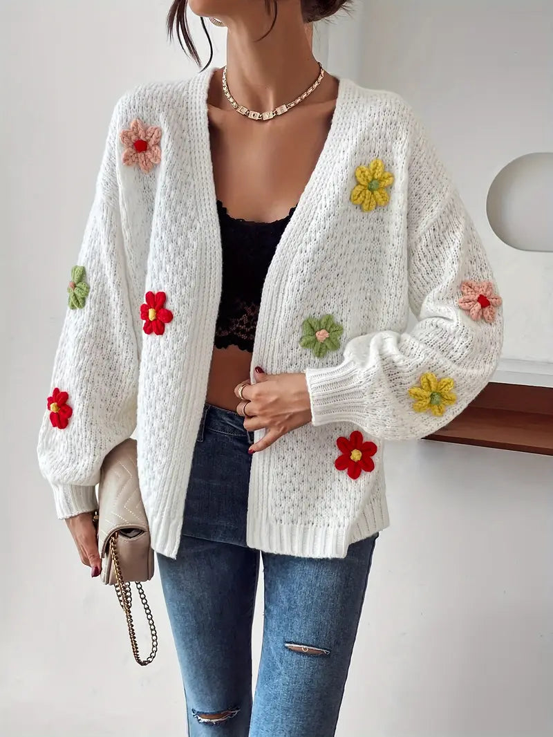 Voocci floral pattern women's cardigan with colorful embroidered flowers and a cozy knit design