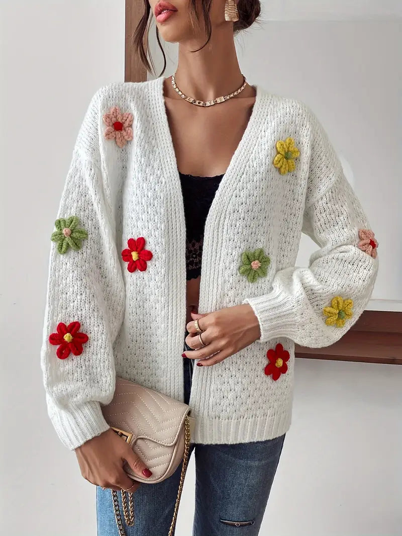 Voocci floral pattern women's cardigan in white with colorful floral appliques and a relaxed fit