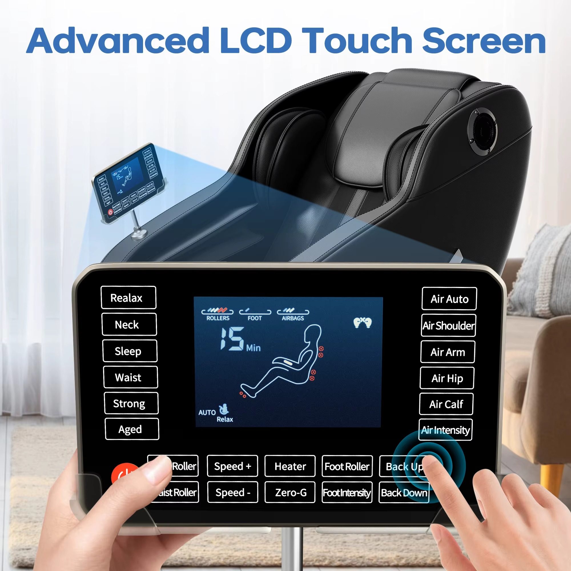 Magazaw™ full body massage chair with heat featuring an advanced LCD touch screen for easy controls