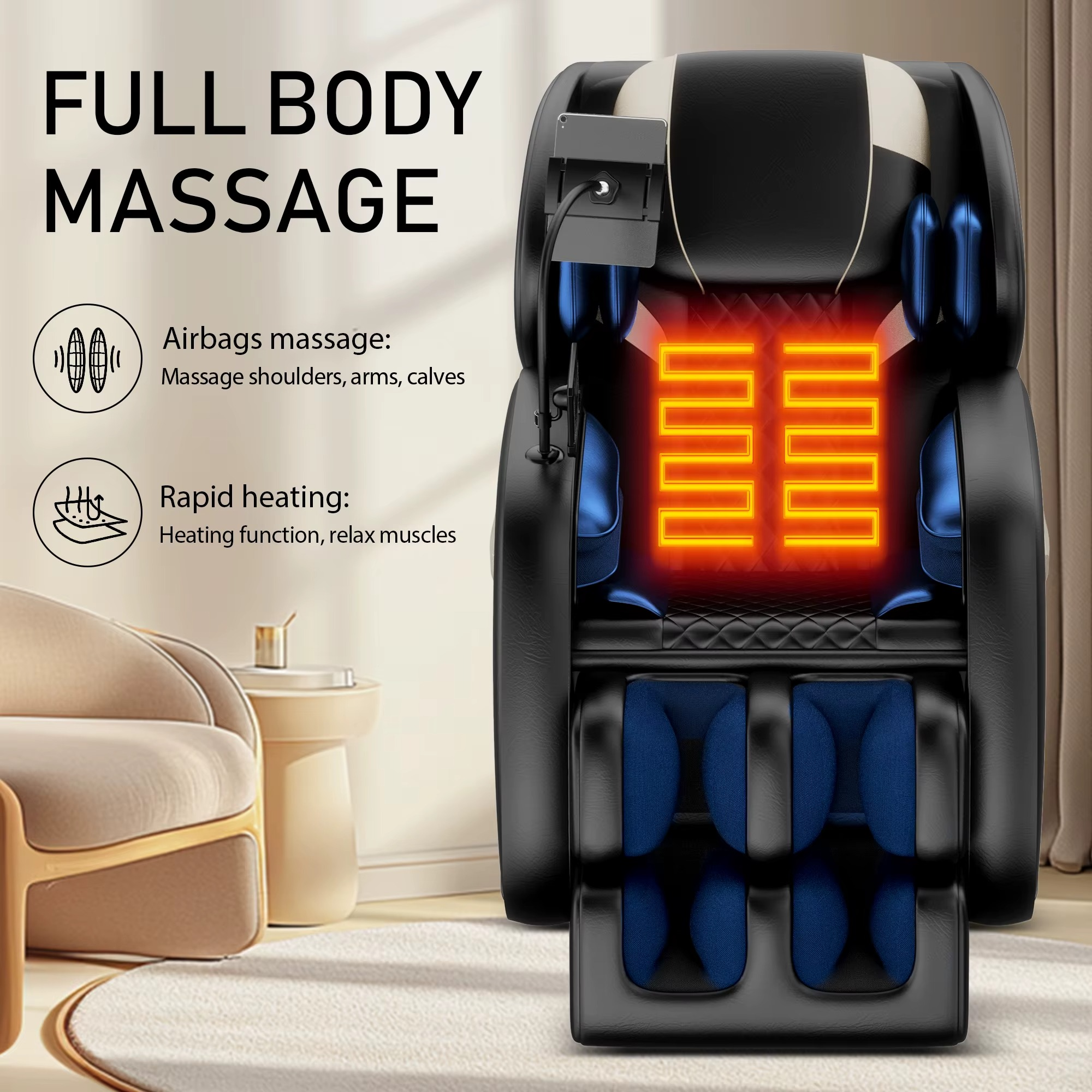 Magazaw full body massage chair with heating featuring airbags and rapid heating functions for relaxation
